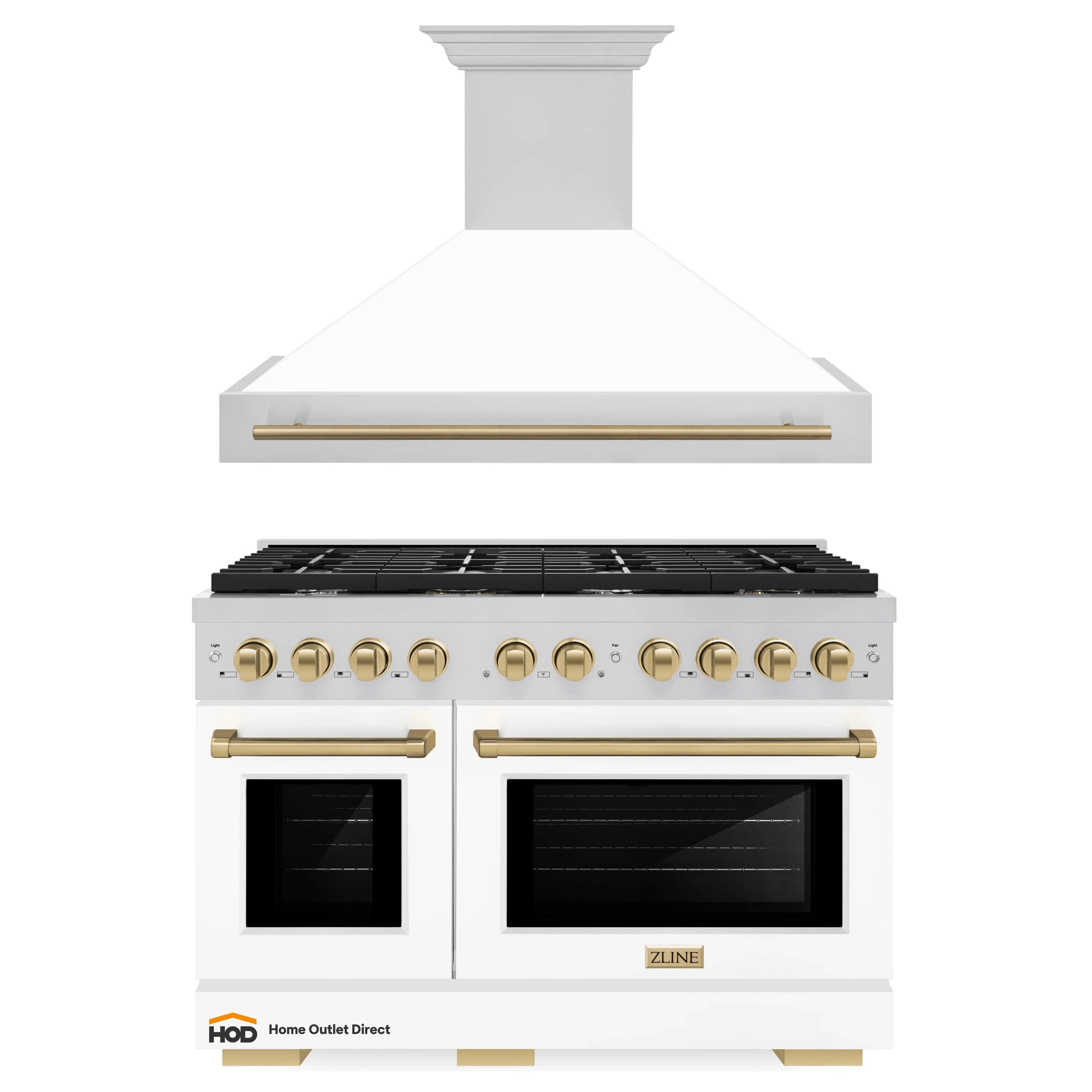 ZLINE Autograph Edition 2-Piece Appliance Package - 48-Inch Gas Range & Wall Mounted Range Hood in Stainless Steel and White Door with Champagne Bronze Trim (2AKPR-RGWMRH48-CB)