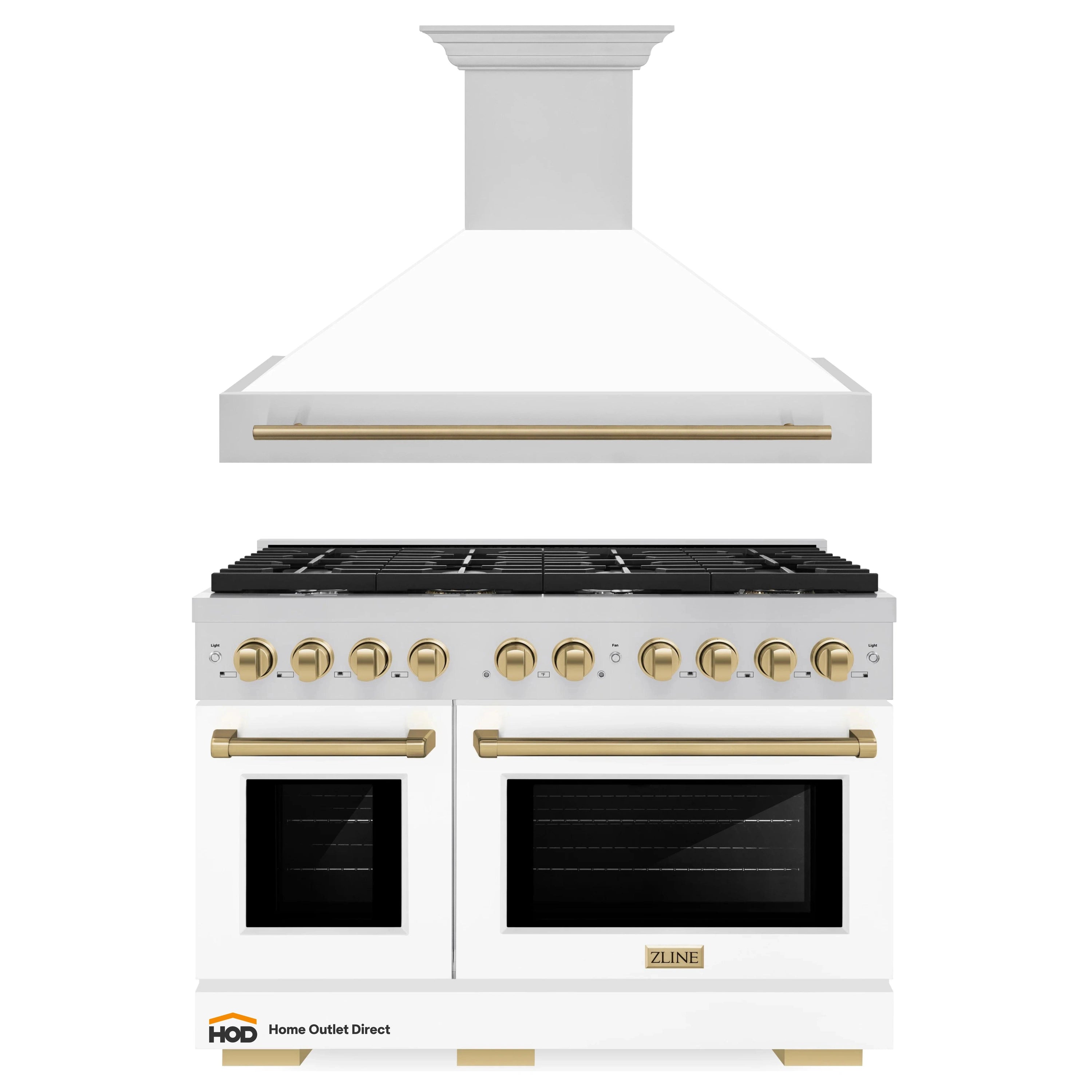 White gas range with two ovens and black cooktop, paired with stainless wall hood