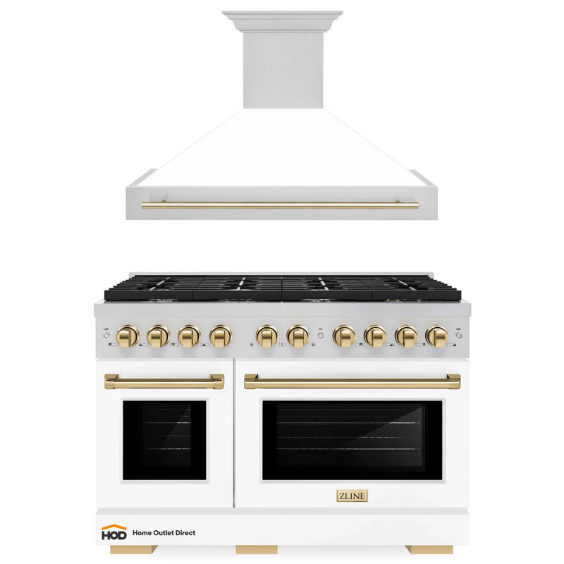 ZLINE Autograph Edition 2-Piece Appliance Package - 48-Inch Gas Range & Wall Mounted Range Hood in Stainless Steel and White Door with Gold Trim (2AKPR-RGWMRH48-G)