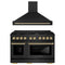 ZLINE Autograph Edition 2-Piece Appliance Package - 48-Inch Gas Range & Wall Mounted Range Hood in Black Stainless Steel with Gold Trim (2AKPR-SGRBRH48-G)