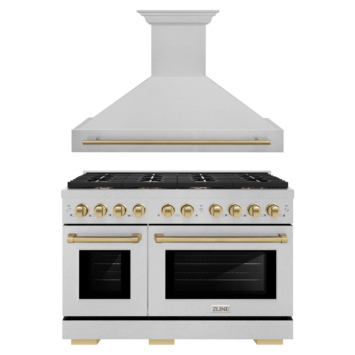 ZLINE Autograph Edition 2-Piece Appliance Package - 48-Inch Gas Range & Wall Mounted Range Hood in Satin Stainless Steel with Champagne Bronze Trim (2AKPR-SGRSRH48-CB)