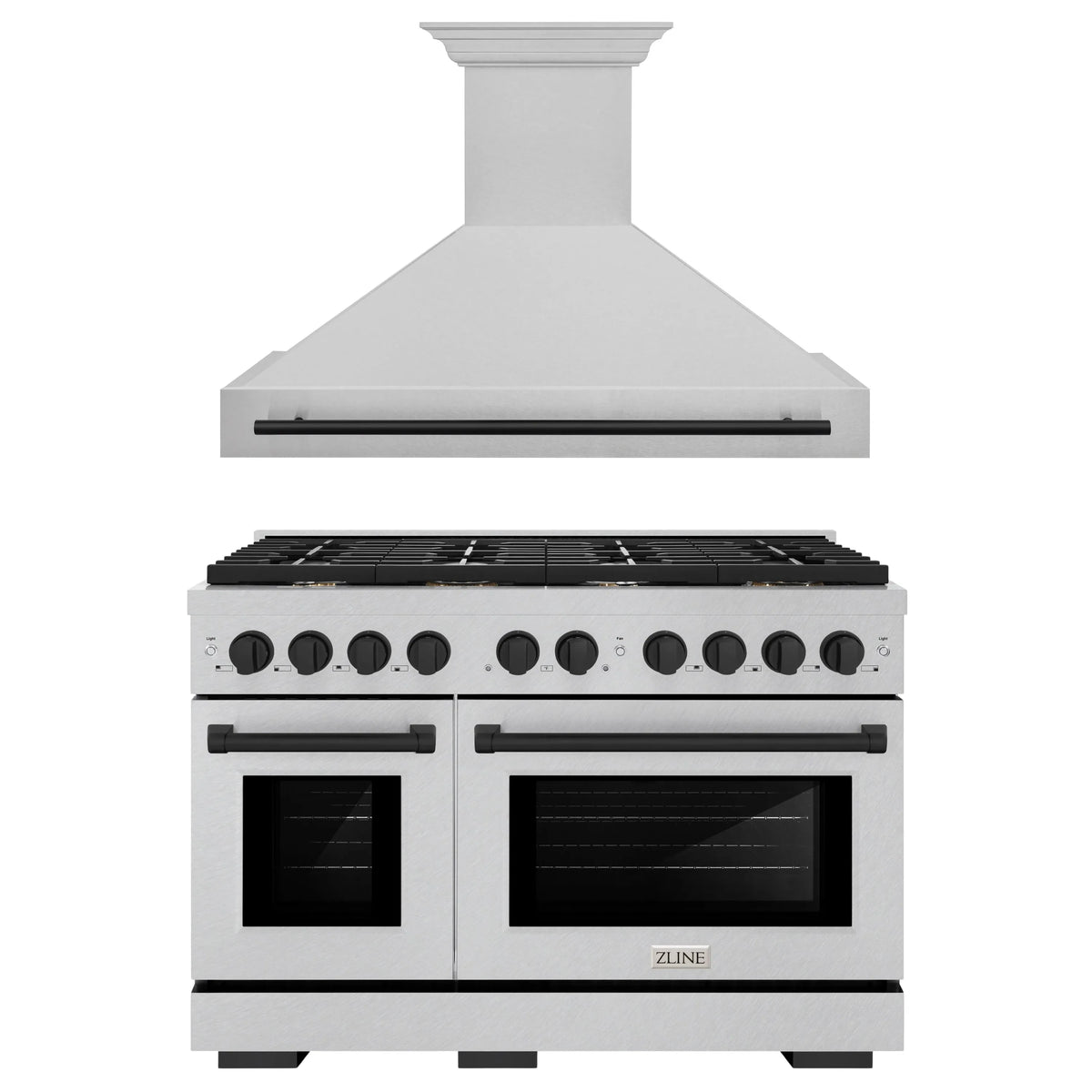 ZLINE Autograph Edition 2-Piece Appliance Package - 48-Inch Gas Range & Wall Mounted Range Hood in Satin Stainless Steel with Matte Black Trim (2AKPR-SGRSRH48-MB)