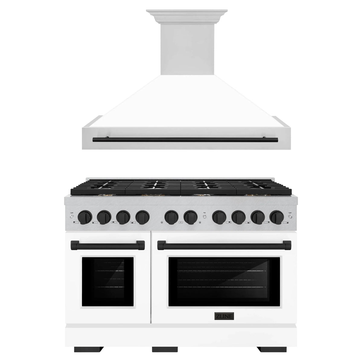 ZLINE Autograph Edition 2-Piece Appliance Package - 48-Inch Gas Range & Wall Mounted Range Hood in Satin Stainless Steel with White Matte Door and Matte Black Trim (2AKPR-SGRSWMRH48-MB)
