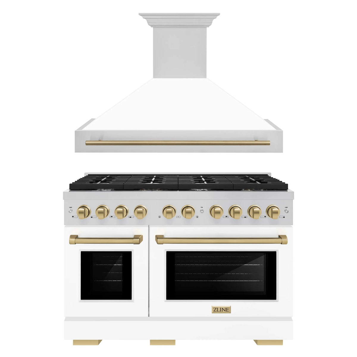 ZLINE Autograph Edition 2-Piece Appliance Package - 48-Inch Gas Range & Wall Mounted Range Hood in Stainless Steel and White Door with Champagne Bronze Trim (2AKPR-SGRWMRH48-CB)