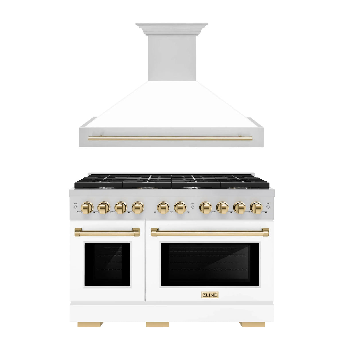 ZLINE Autograph Edition 2-Piece Appliance Package - 48-Inch Gas Range & Wall Mounted Range Hood in Stainless Steel and White Door with Gold Trim (2AKPR-SGRWMRH48-G)