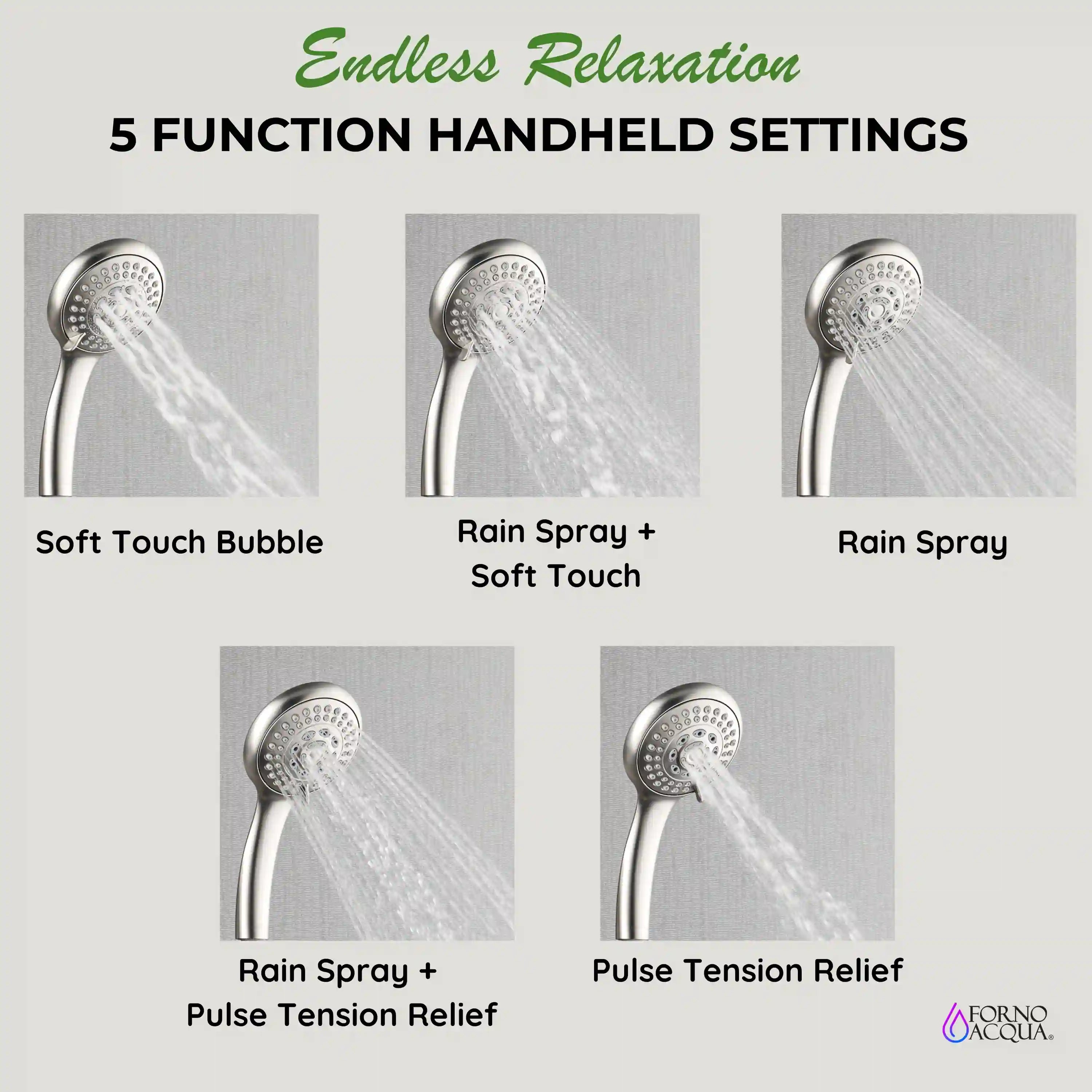 Brushed nickel handheld shower head showing multiple spray patterns with water streams