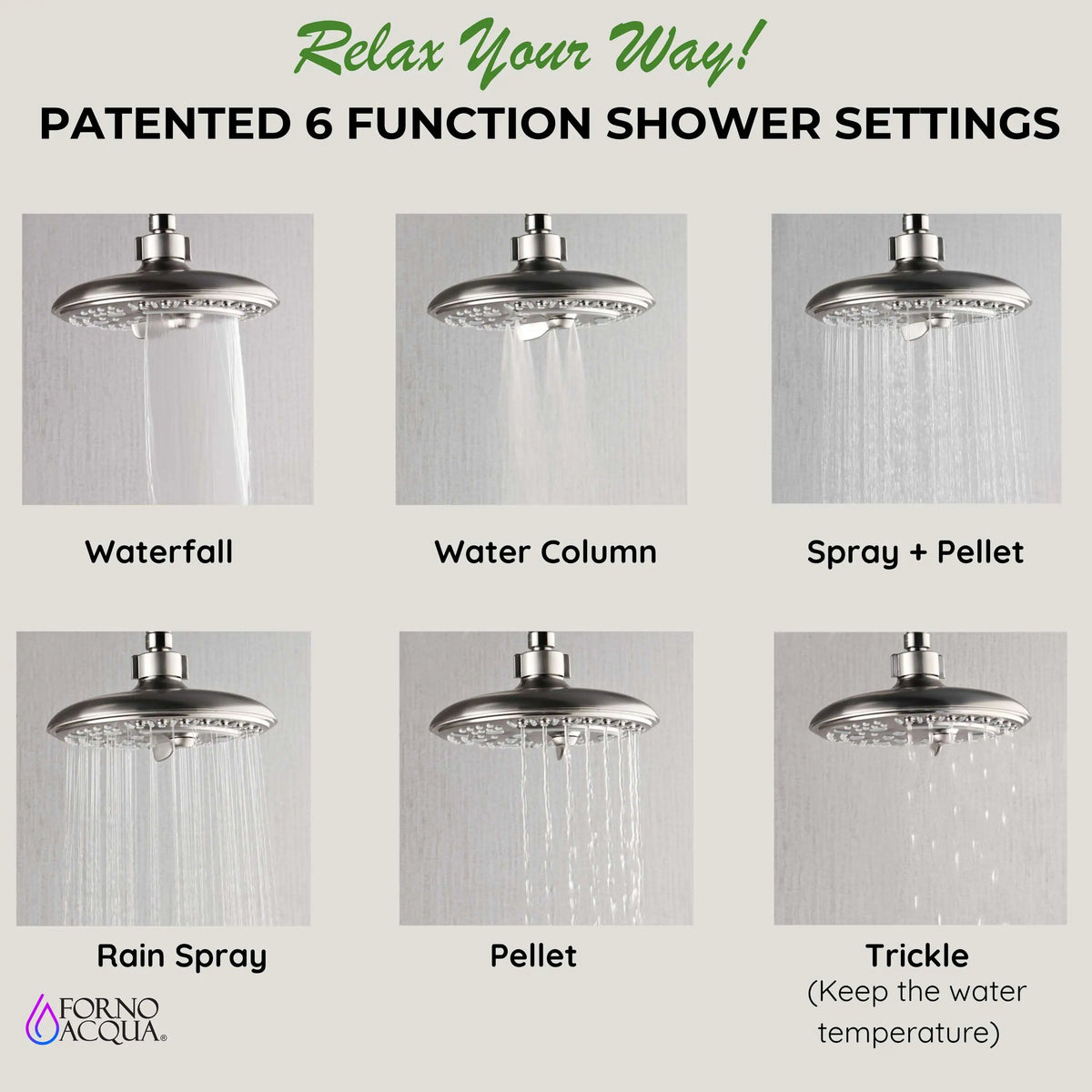 Brushed nickel shower spray modes: waterfall, water column, spray, rain, pellet, trickle
