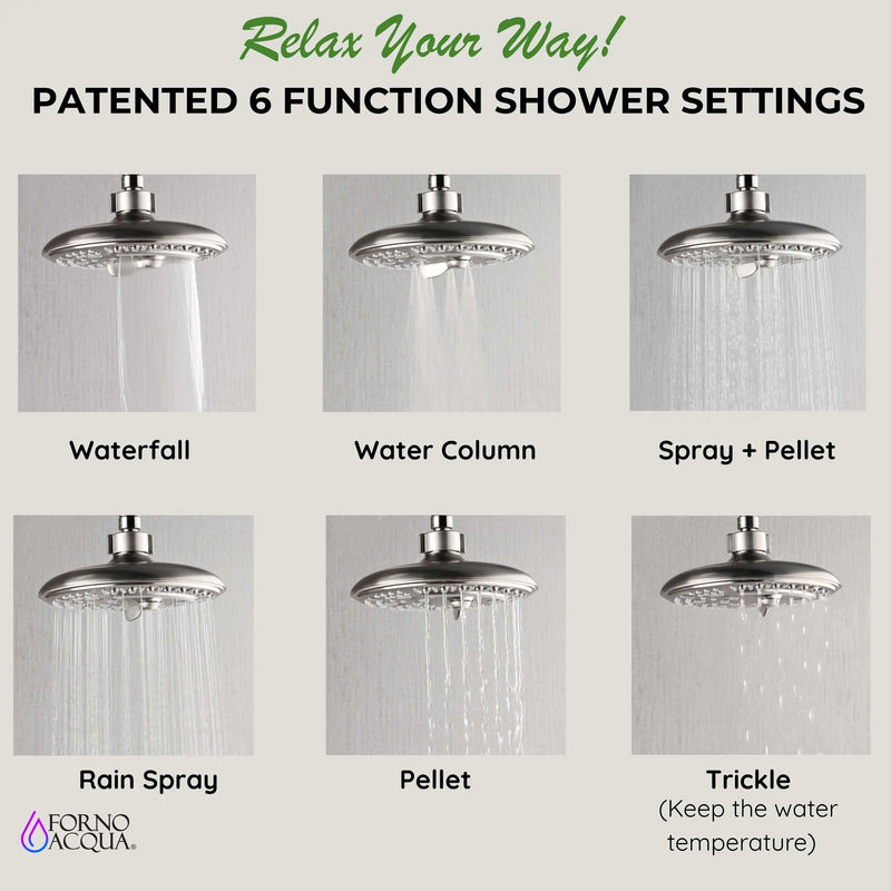Forno Acqua Spa Retrofit 8-Inch Overhead Rainfall Shower with 1.8 GPM Flow Rate, Handheld, Body Jets, 6 Way Diverter in Brushed Nickel (SC32BN-C8)
