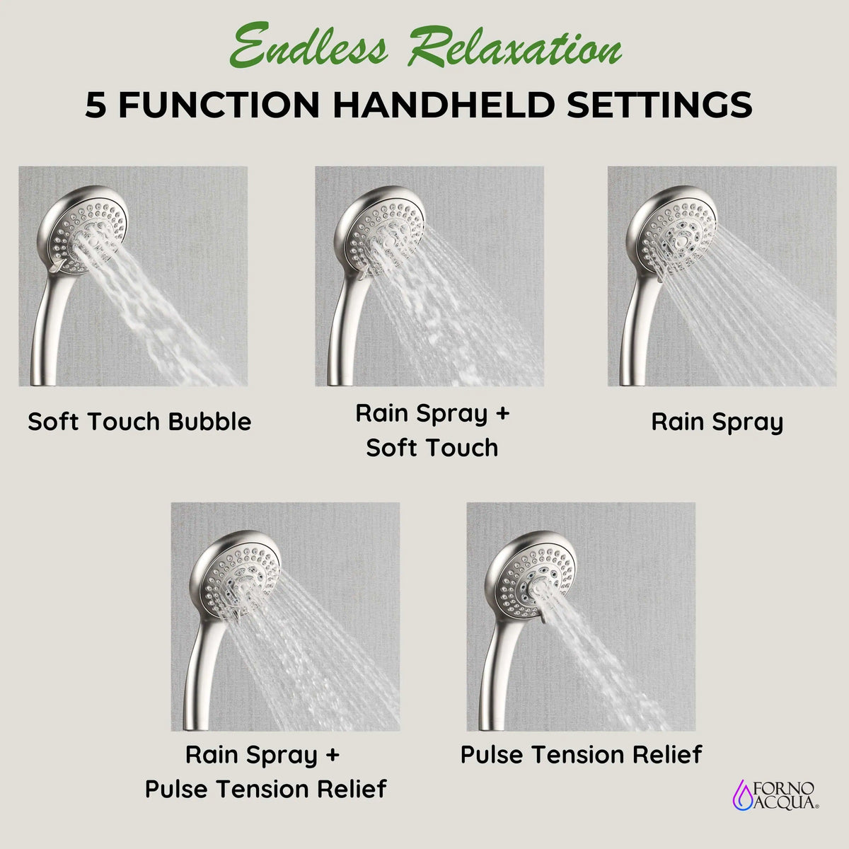 Polished stainless steel handheld shower head with five spray modes