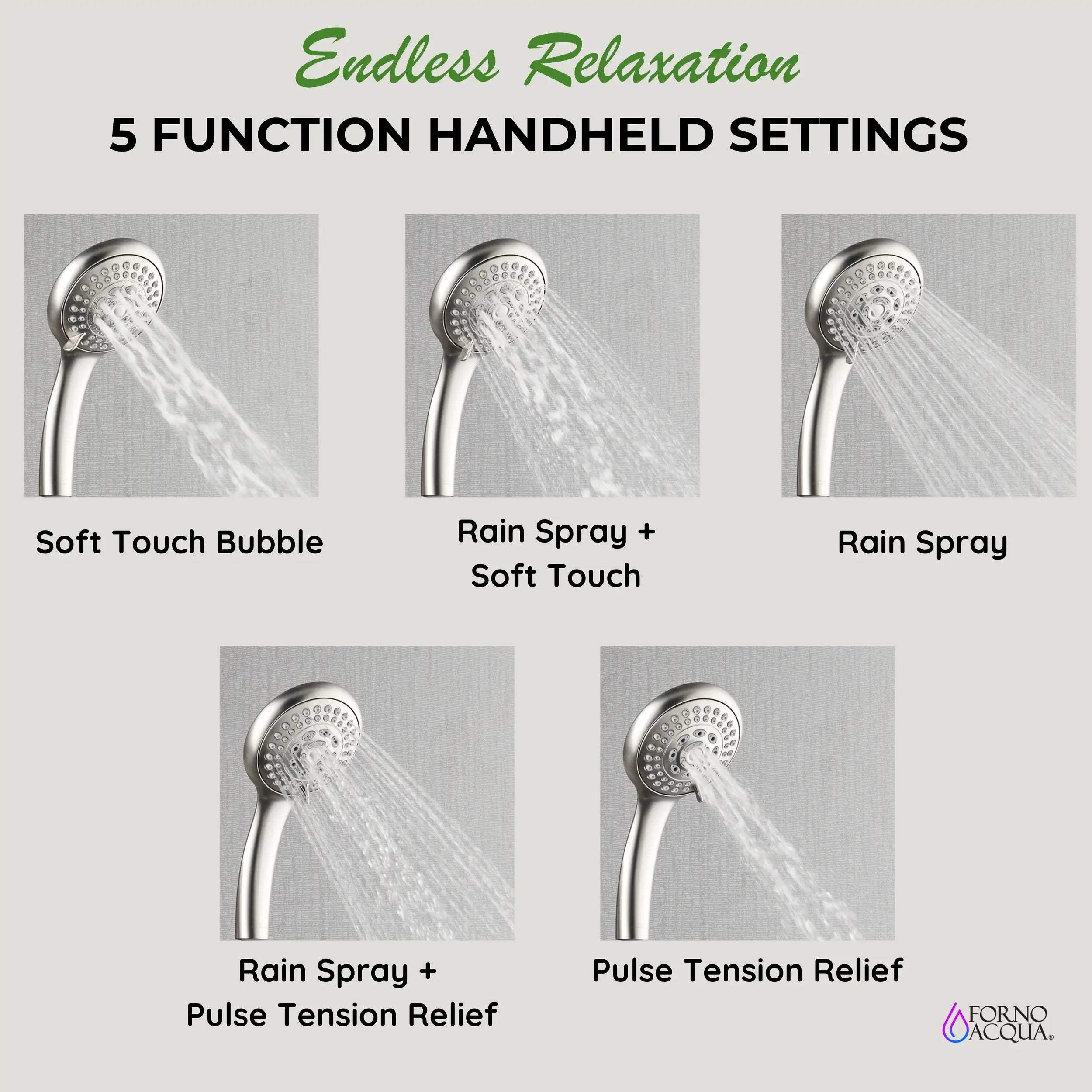 Handheld shower head with multiple spray modes, polished stainless steel