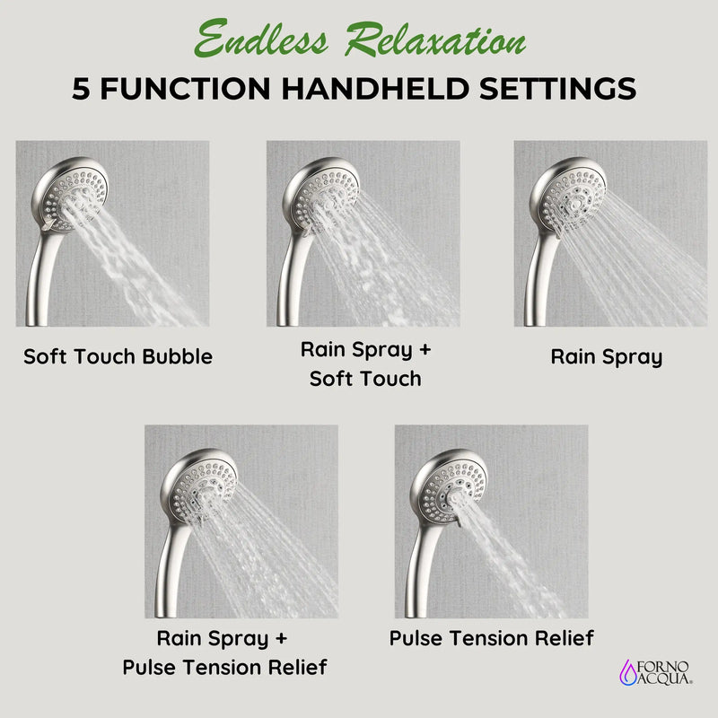 Forno Acqua Fall 8-Inch Overhed Rainfall Shower with 2.5 GPM Flow Rate, Handheld, 7 Way Diverter, Body Jets in Brushed Nickel (SCW2BN-C2)