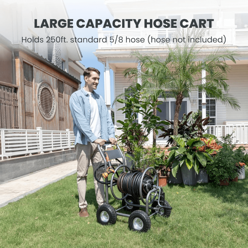 Heavy-duty hose reel cart with black hose on four rugged wheels for outdoor gardens