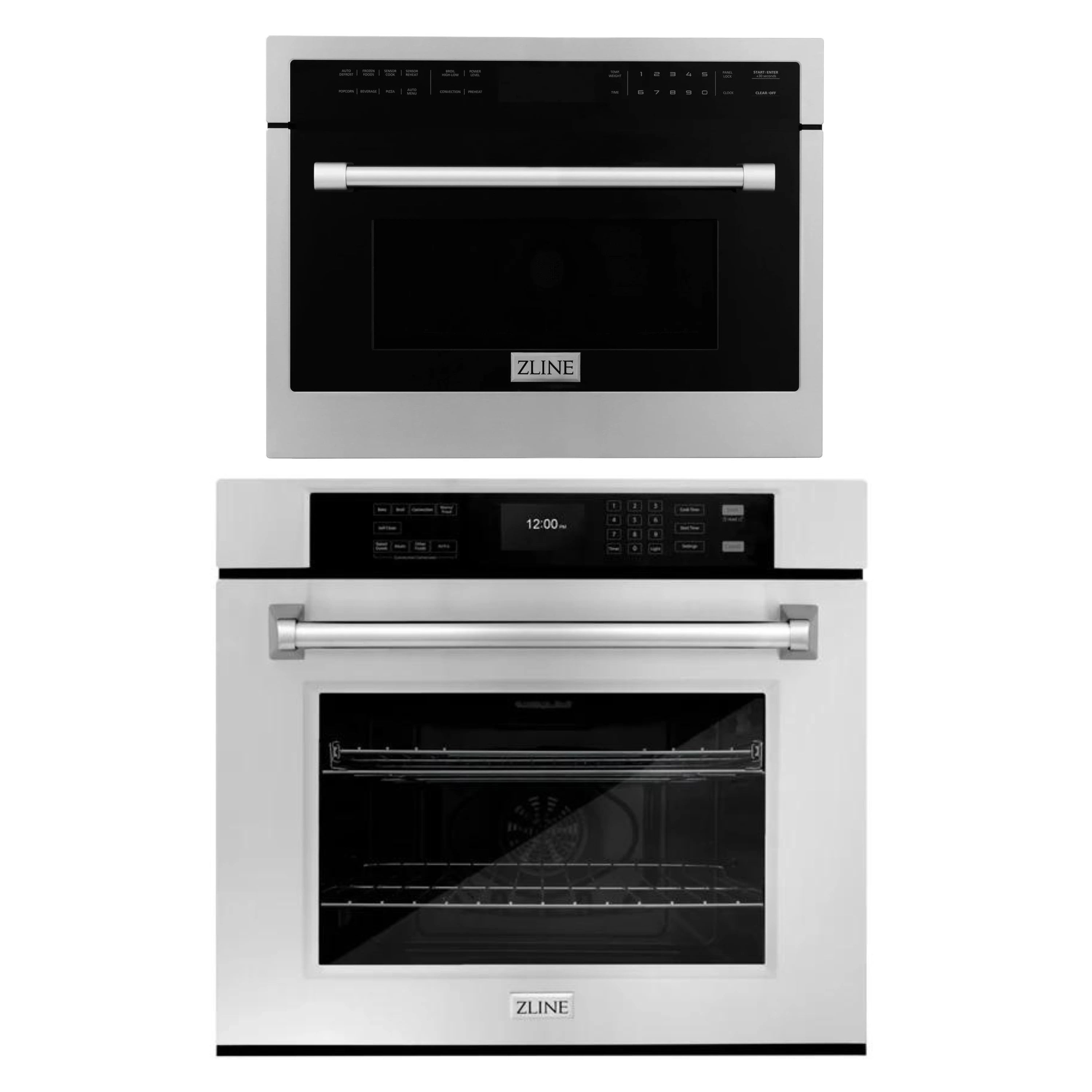 ZLINE stainless steel electric wall ovens stacked with control panels