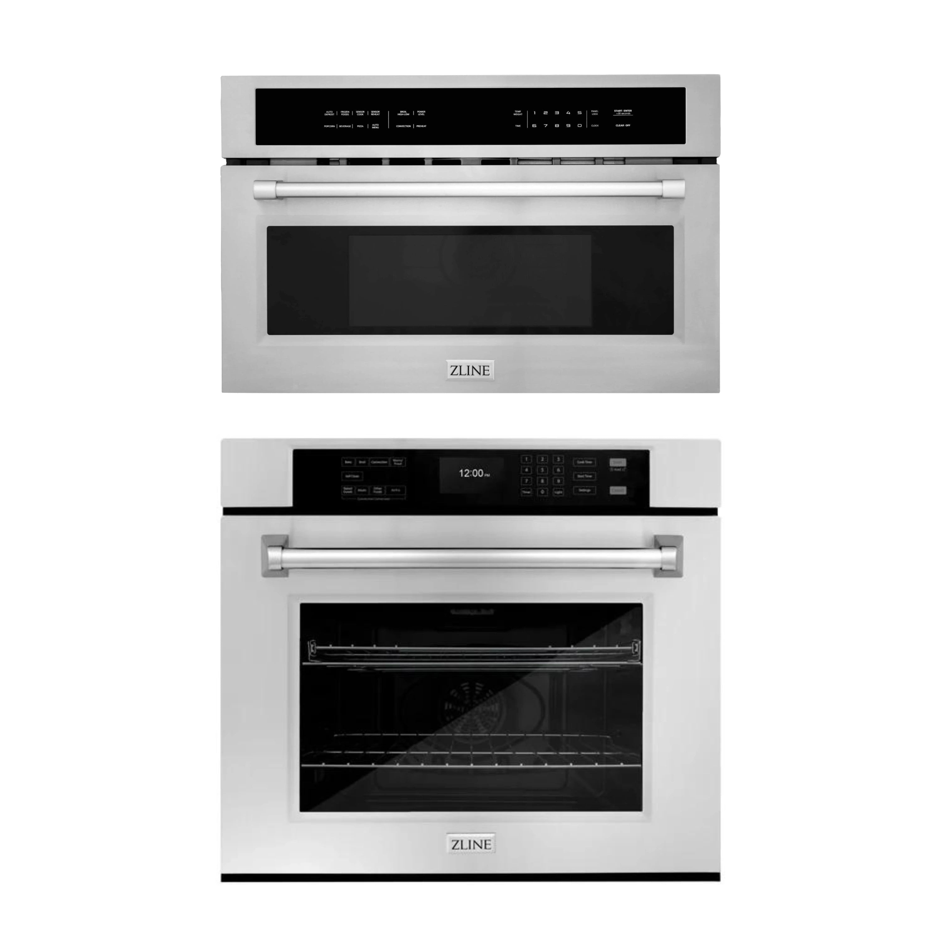 ZLINE stainless steel wall oven, two views showing control panel and black door