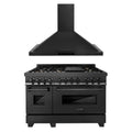 ZLINE 2-Piece Appliance Package - 48-inch Dual Fuel Range with Brass Burners & Convertible Wall Mount Hood Combo in Black Stainless Steel