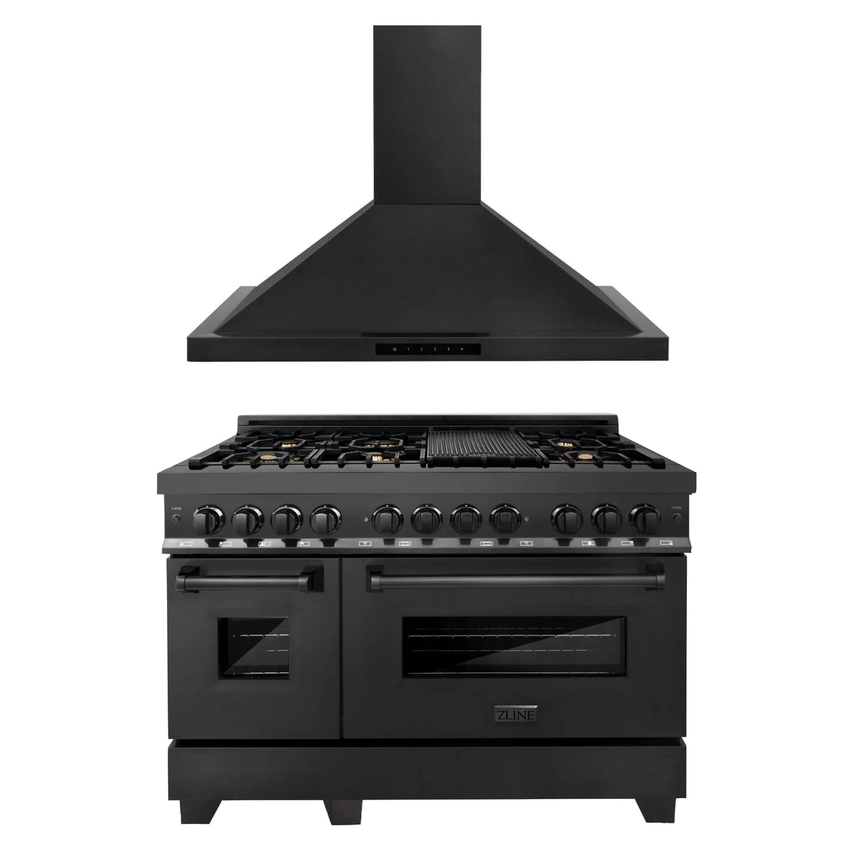 ZLINE 2-Piece Appliance Package - 48-inch Dual Fuel Range with Brass Burners & Convertible Wall Mount Hood Combo in Black Stainless Steel (2KP-RABRH48)