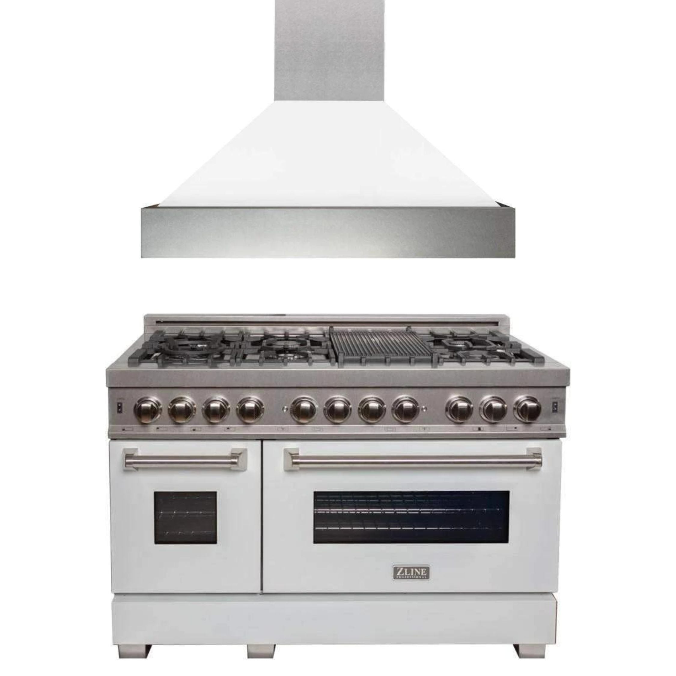 Satin stainless steel hood with white dual fuel freestanding range front