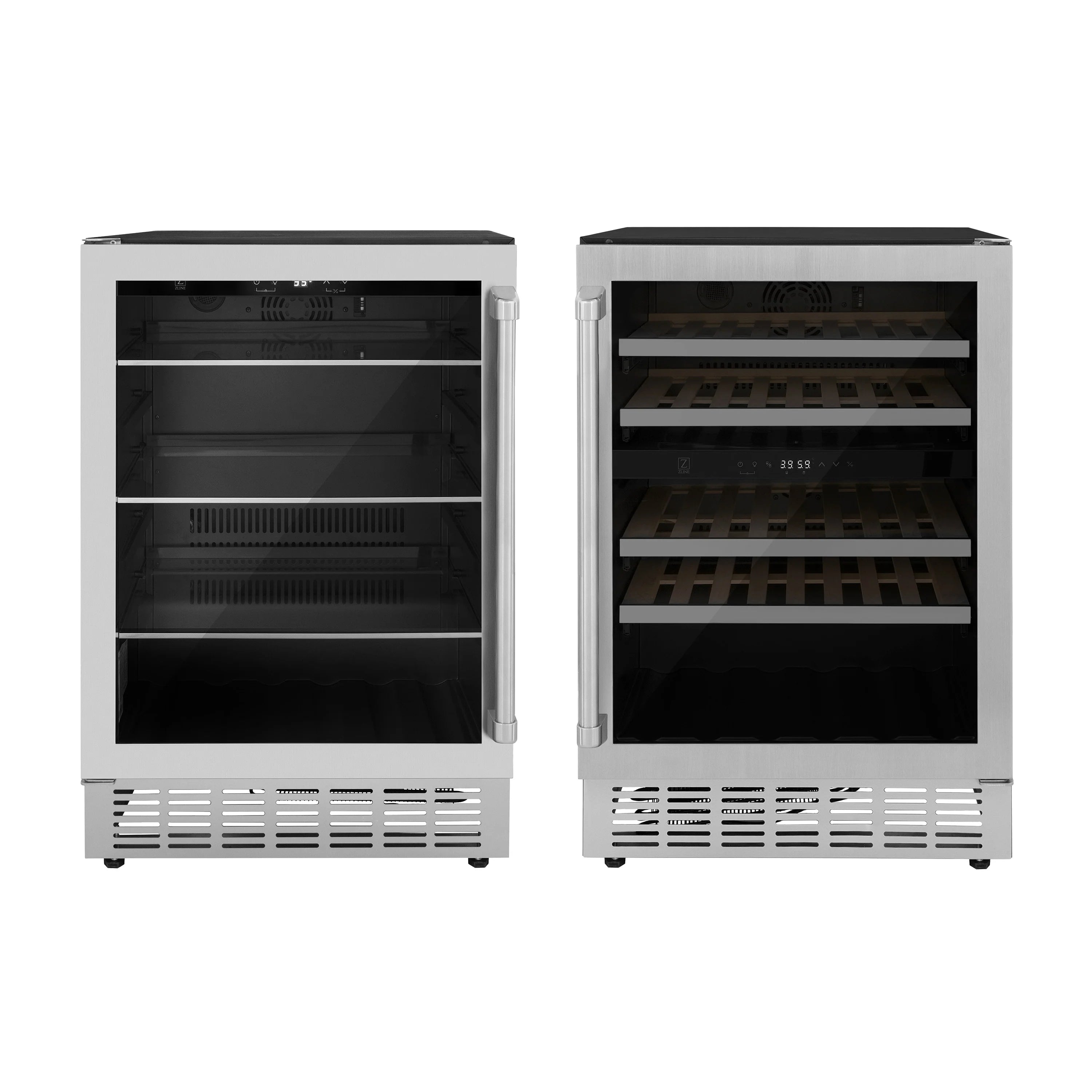Stainless steel wine and beverage cooler package, two built-in units with glass doors