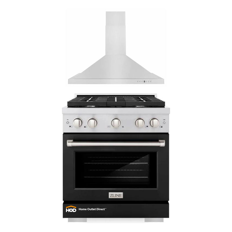 ZLINE 2-Piece Appliance Package - 36-inch Gas Range with Black Matte Door and Convertible Vent Range Hood in Stainless Steel (2KP-RGBLMRH36)