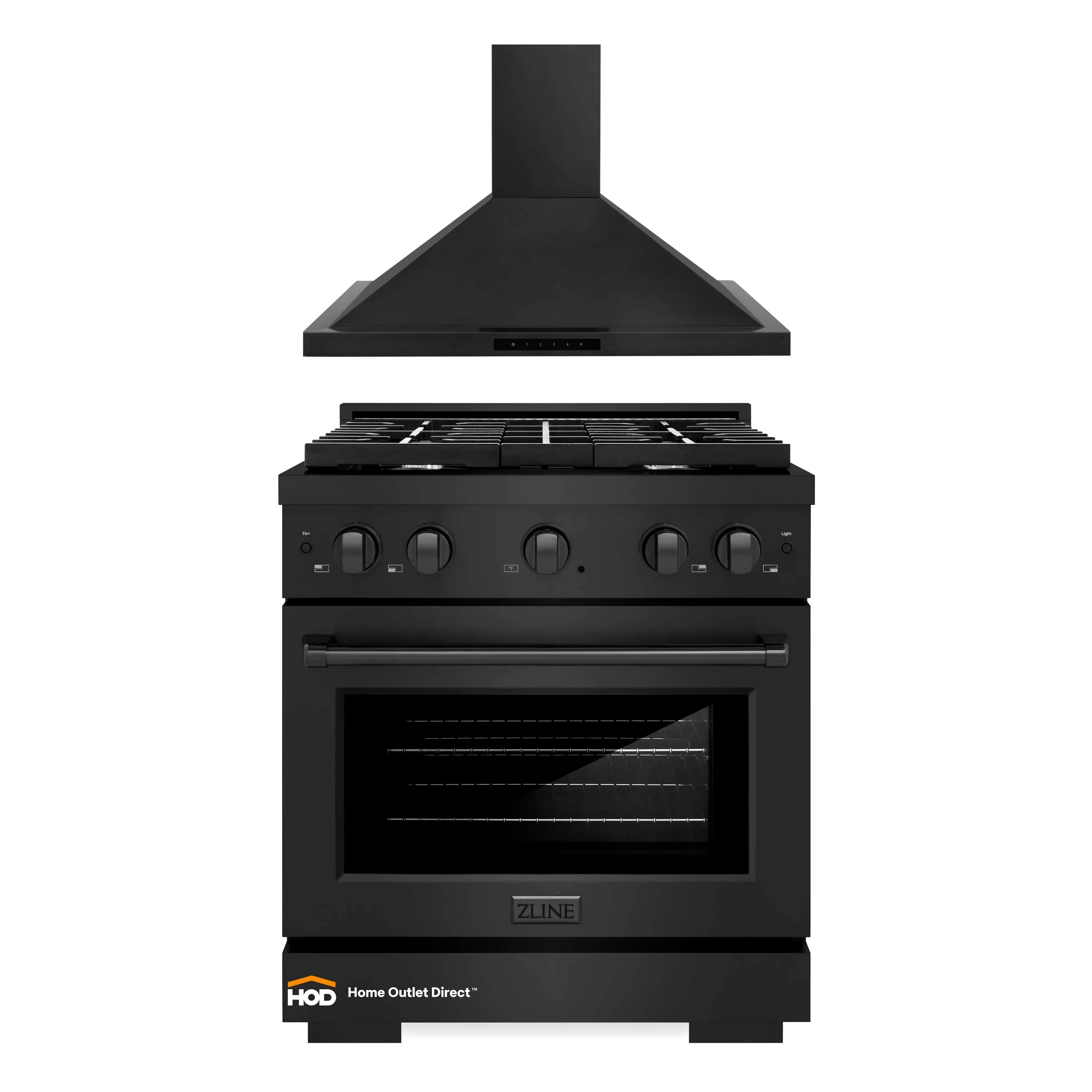 Black wall hood above black gas range with oven door