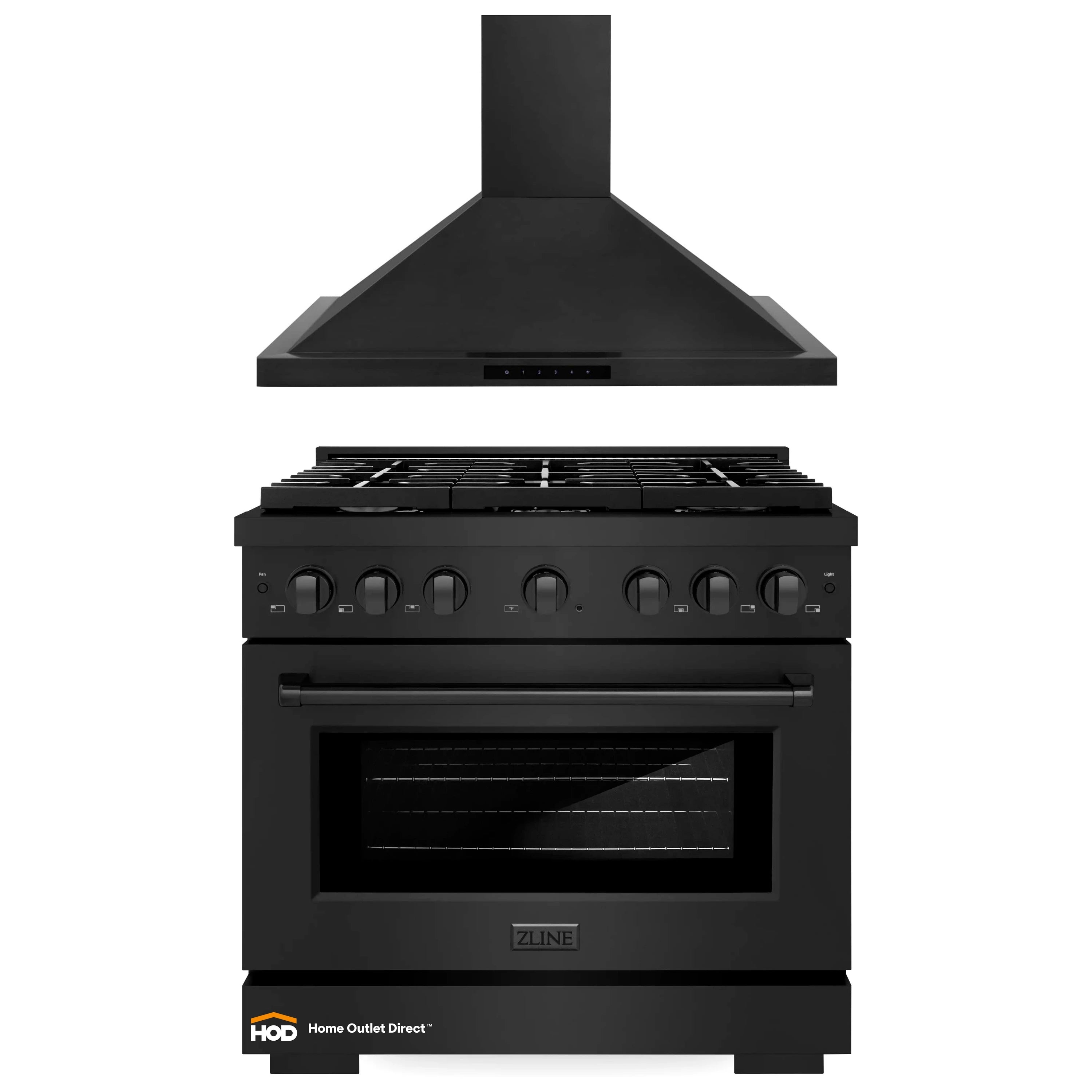 Black gas range with matching wall hood, stacked front view