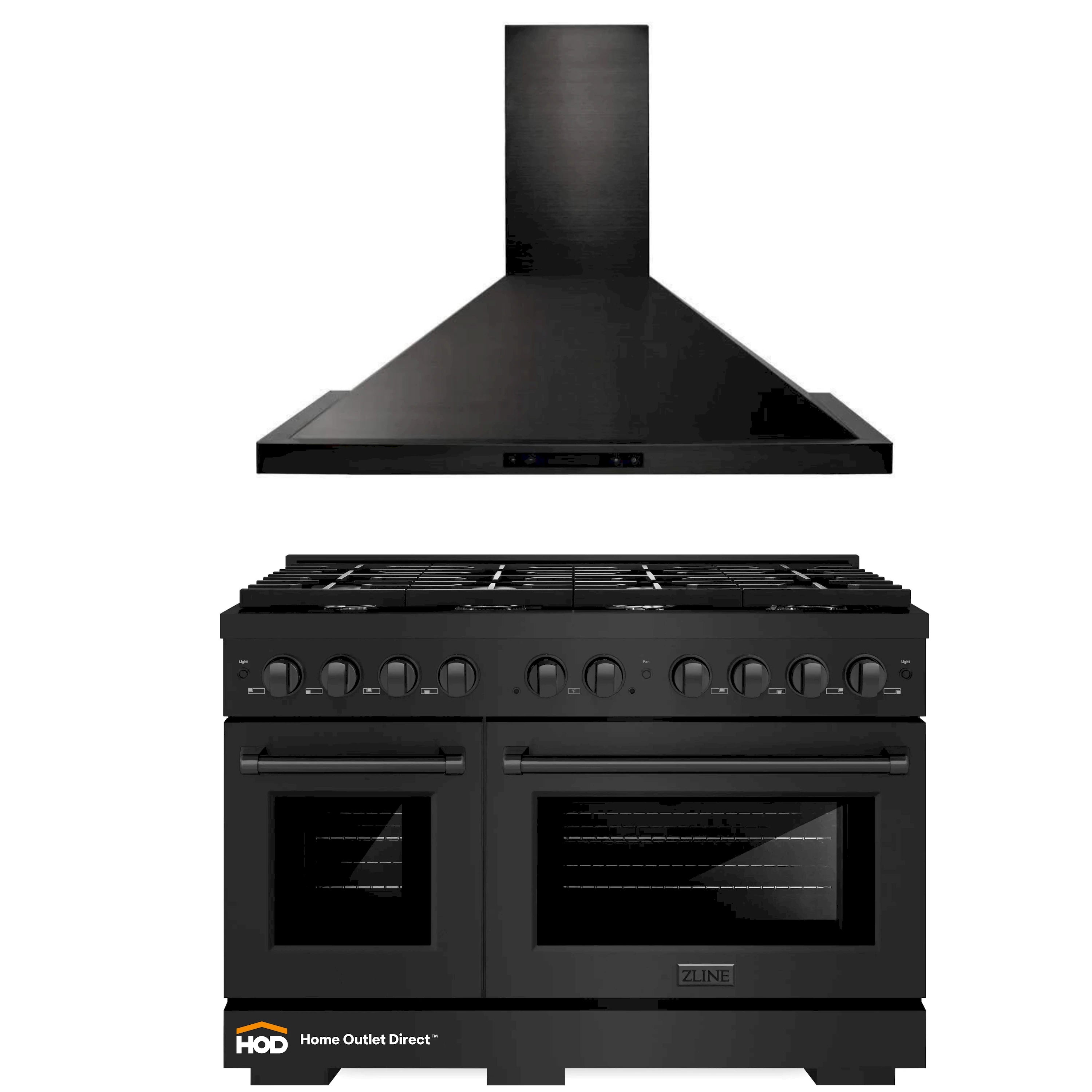 ZLINE black stainless gas range with convertible wall hood, double ovens