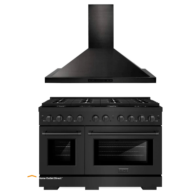 ZLINE 2-Piece Appliance Package - 48-Inch Gas Range and Convertible Wall Mount Hood in Black Stainless Steel (2KP-RGBRH48)