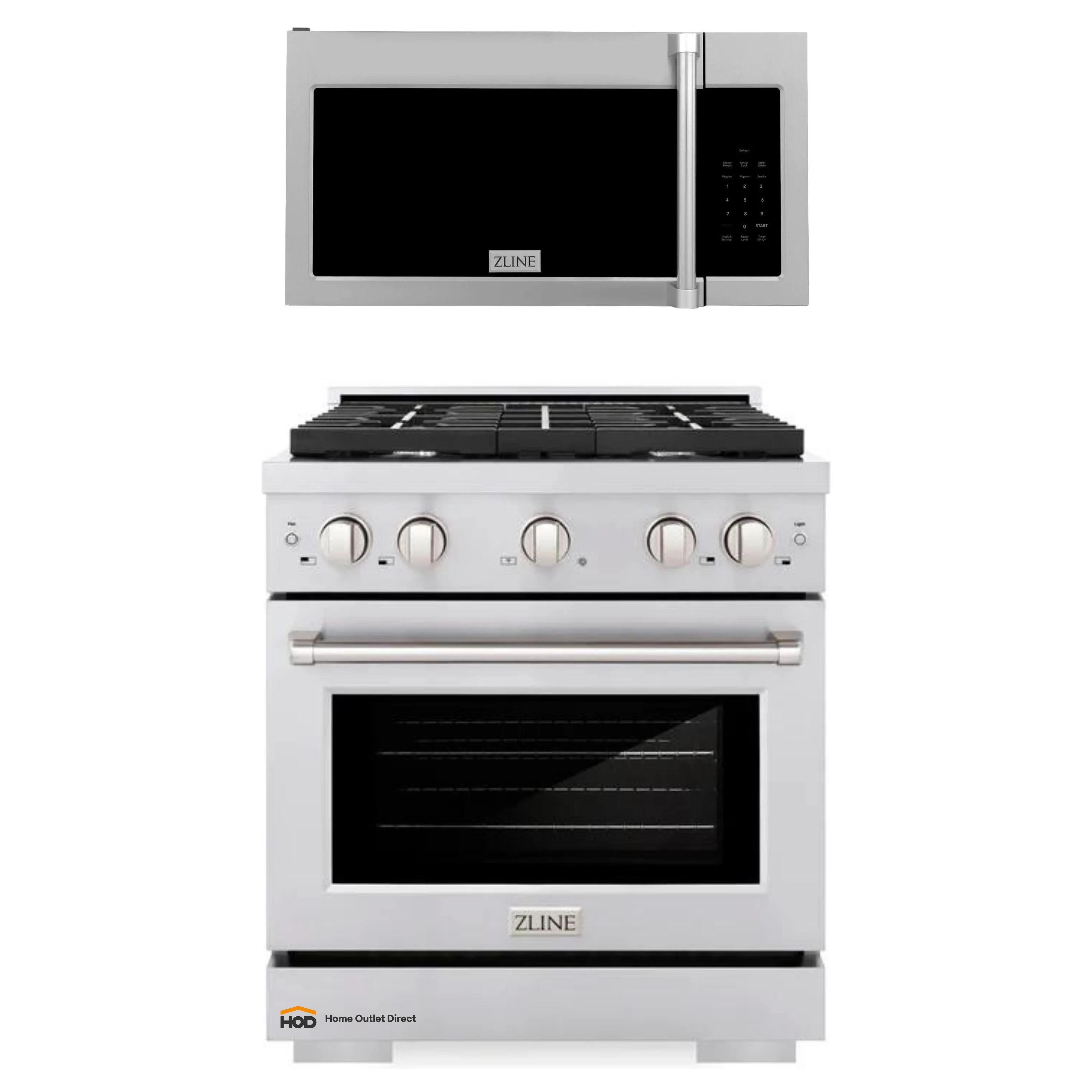Stainless steel gas range with microwave above and control knobs
