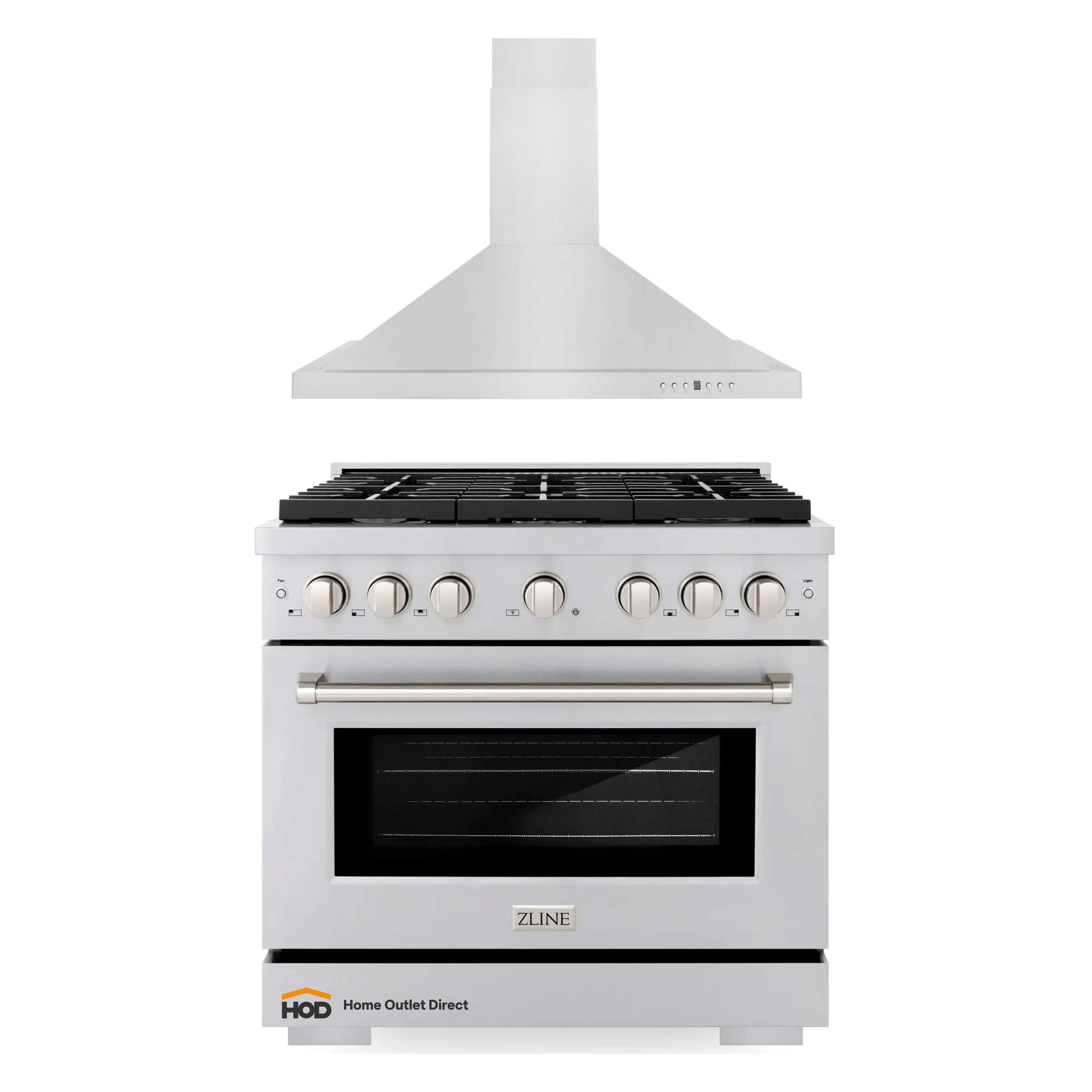 Stainless steel gas range with black grates and ZLINE vent hood, 2-piece appliance package