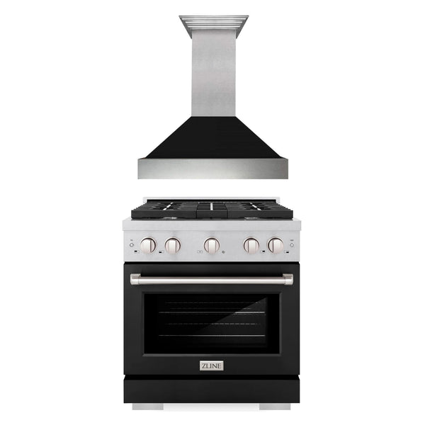 ZLINE 2-Piece Appliance Package - 30-inch Gas Range With Black Matte Door Dual & Premium Range Hood in DuraSnow Stainless Steel (2KP-RGSBLMRH30)