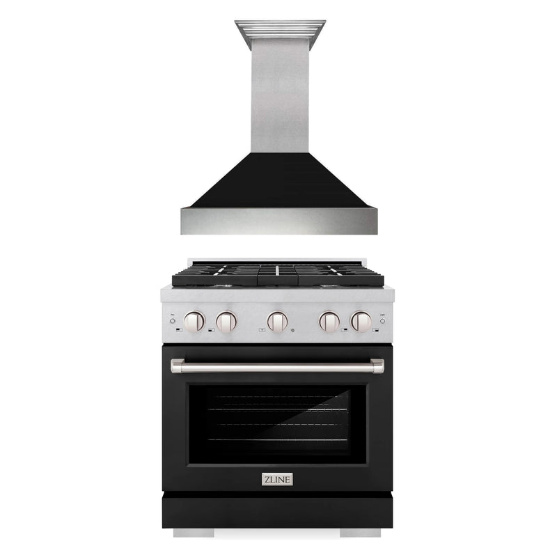 ZLINE 2-Piece Appliance Package - 30-inch Gas Range With Black Matte Door Dual & Premium Range Hood in DuraSnow Stainless Steel (2KP-RGSBLMRH30)