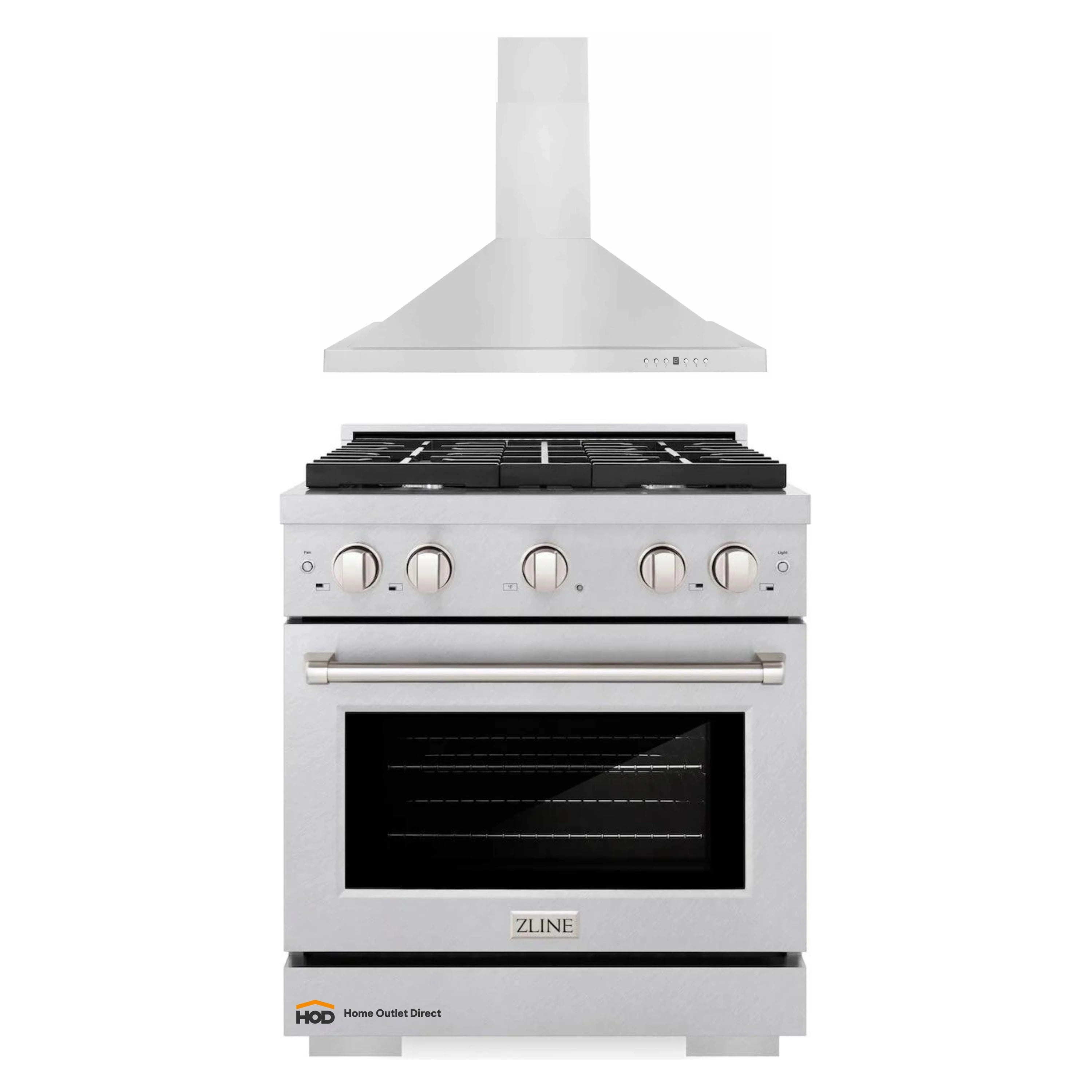 Stainless steel gas range with oven window and convertible wall-mount hood