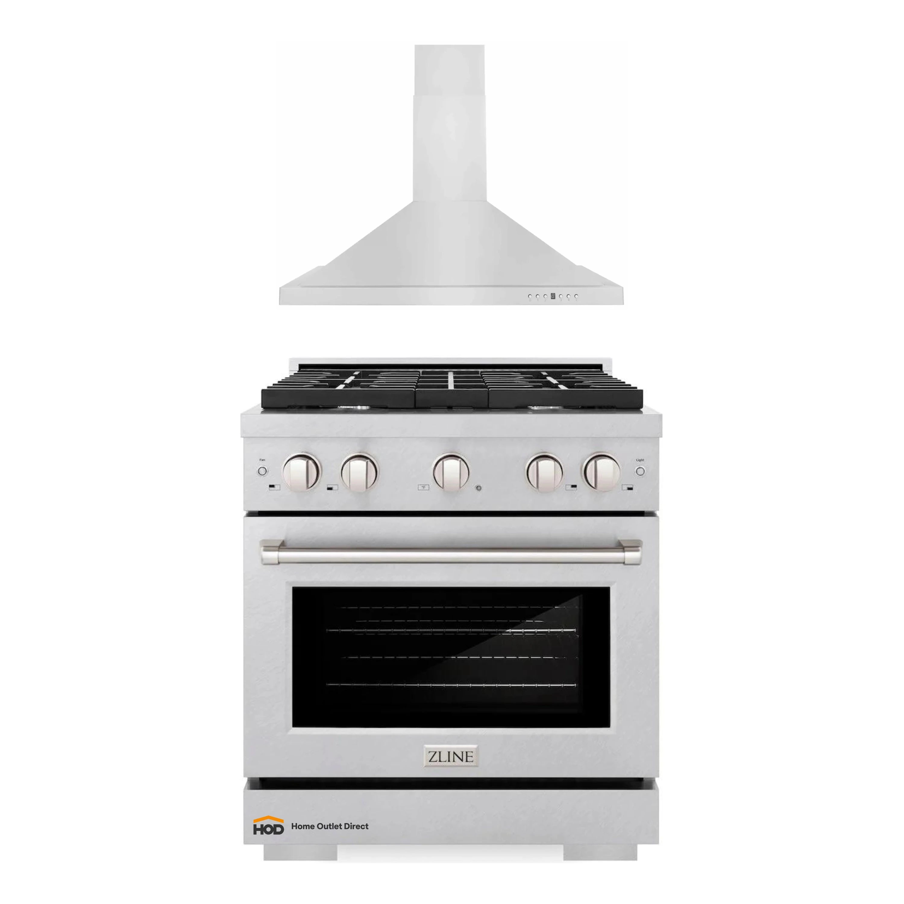 Stainless steel gas range with oven and ZLINE range hood, front control knobs and window