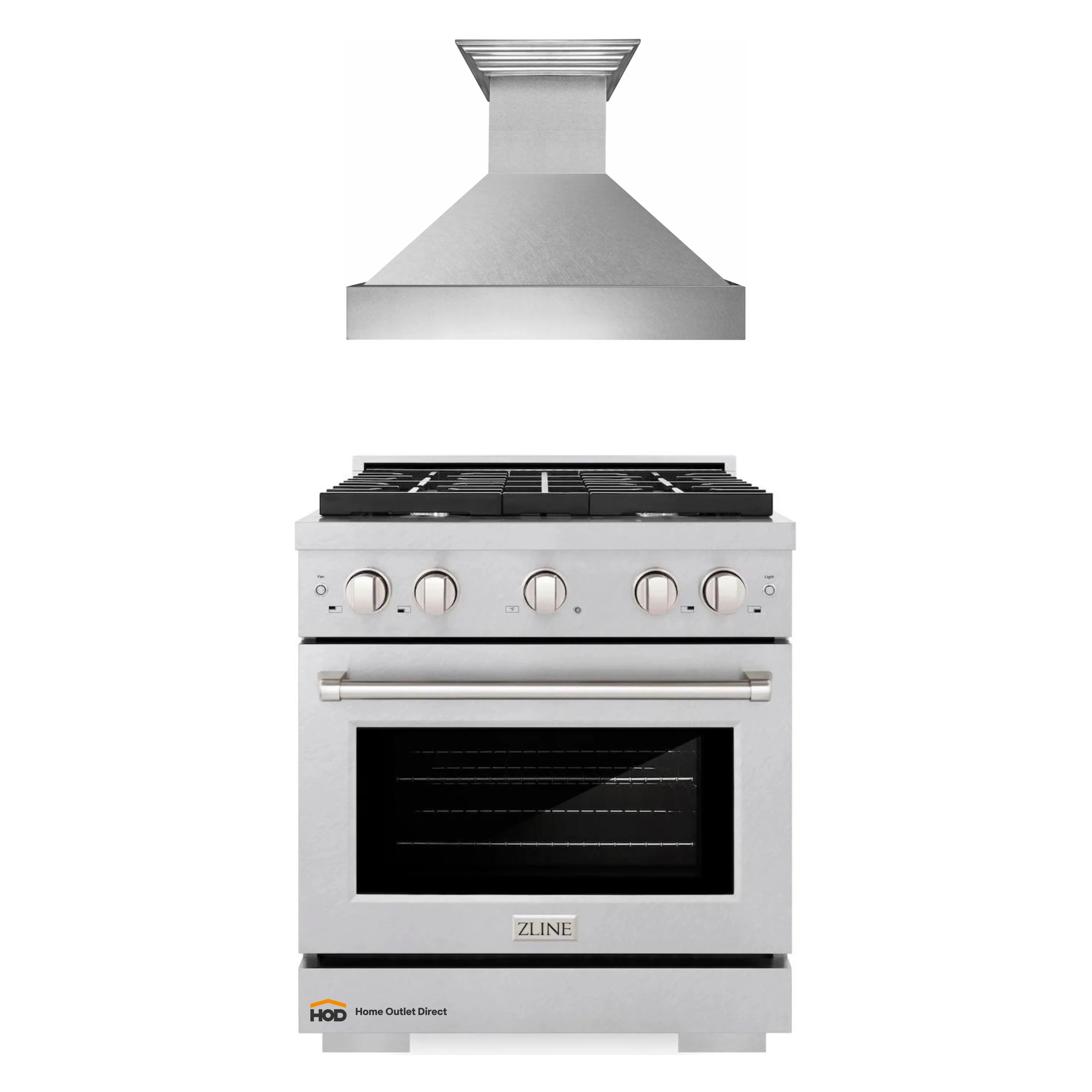 Stainless steel gas range with black cooktop grates and oven door, paired with hood