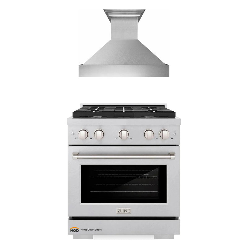 ZLINE 2-Piece Appliance Package - 30-inch Gas Range in DuraSnow Stainless Steel and Convertible Vent Range Hood in Stainless Steel (2KP-RGSSNRH30)