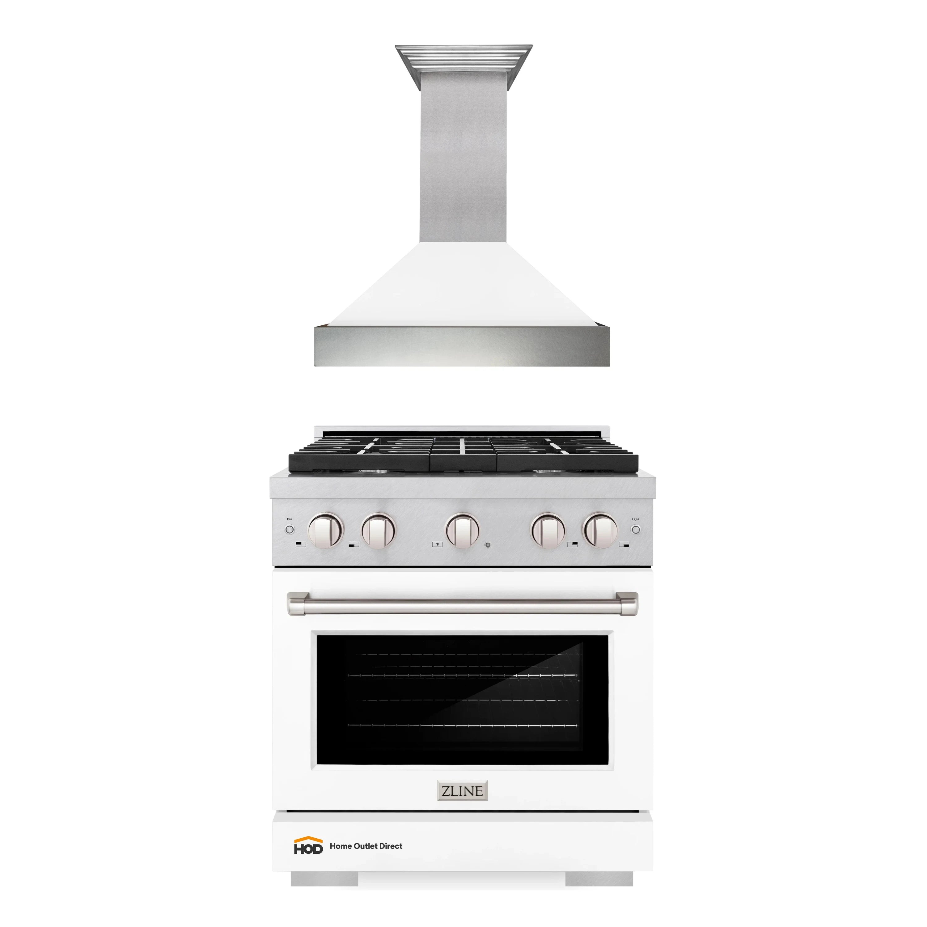 White gas range with stainless chimney hood and front control knobs