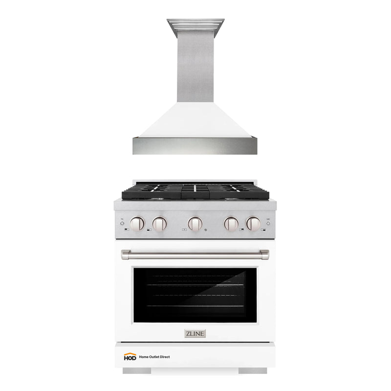 ZLINE 2-Piece Appliance Package - 30-inch Gas Range & Premium Range Hood in DuraSnow Stainless Steel with White (2KP-RGSWMRH30)