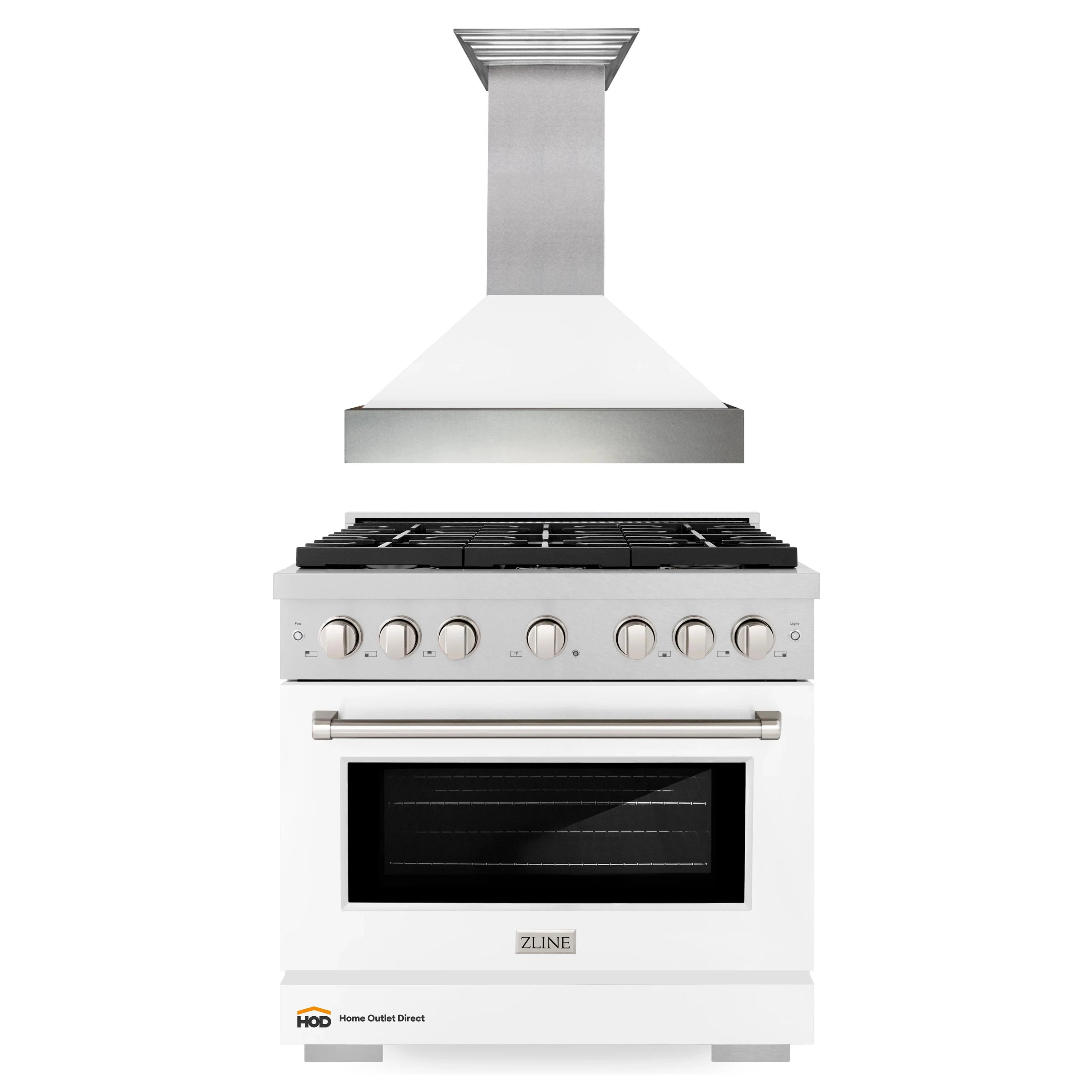 Stainless steel chimney range hood over white gas range with black cooktop grates