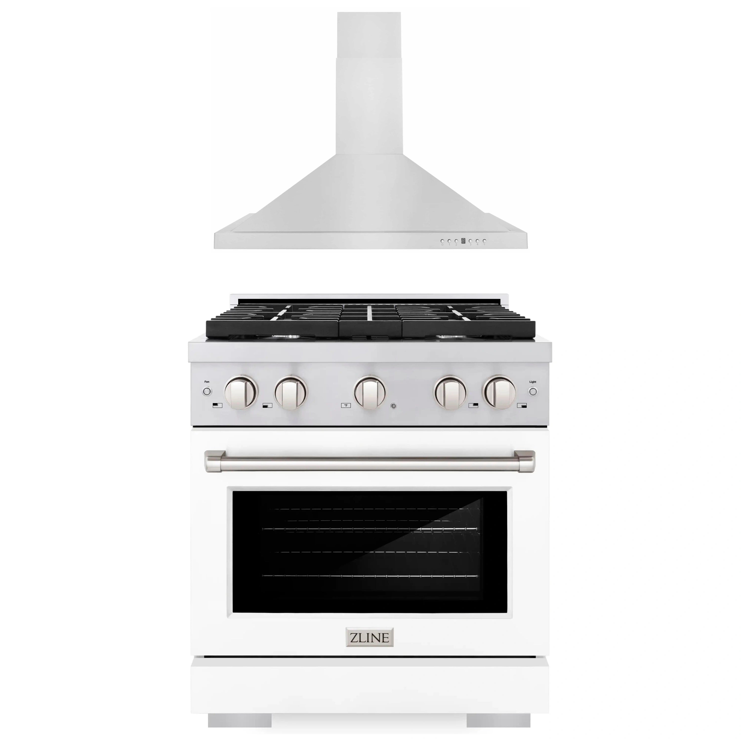 ZLINE gas range with white matte oven door, stainless panel, black cooktop grates.