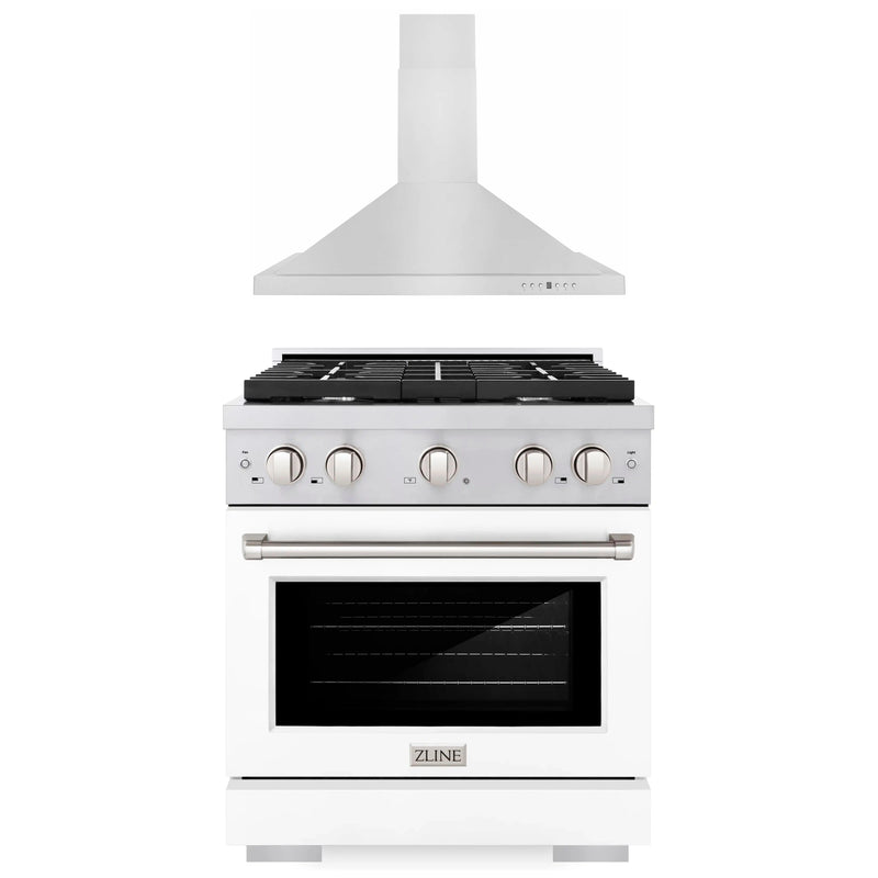 ZLINE 2-Piece Appliance Package - 30-inch Gas Range with White Matte Door and Convertible Vent Range Hood in Stainless Steel (2KP-RGWMRH30)