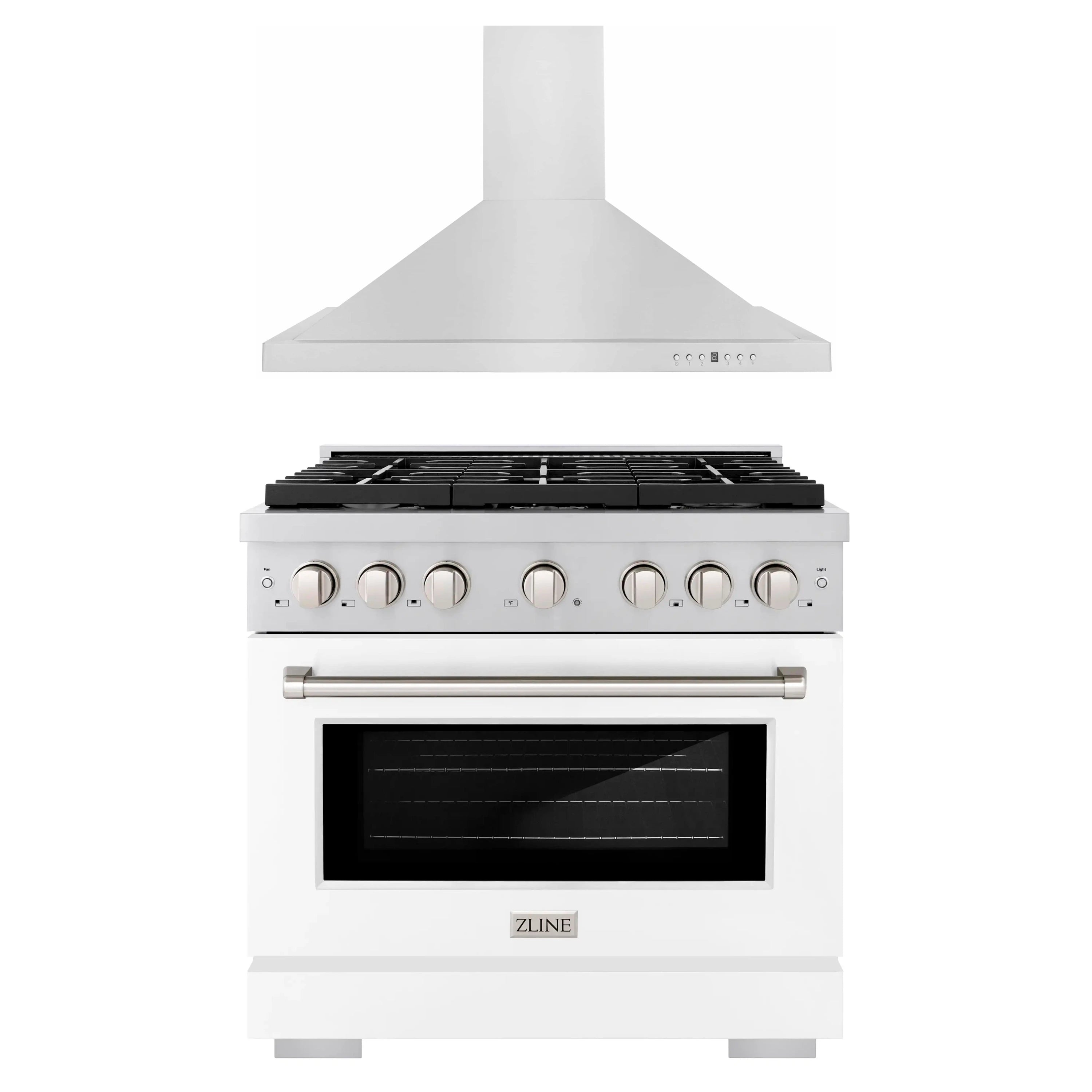 White matte 36-inch gas range with stainless cooktop grates, control knobs, and oven door