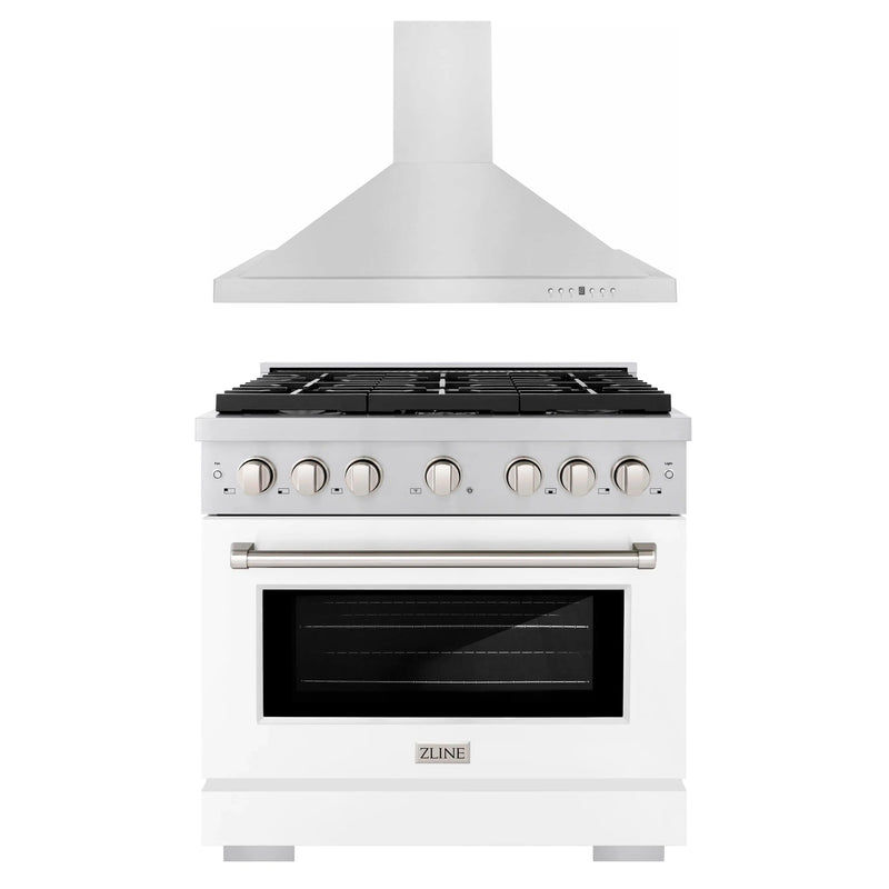 ZLINE 2-Piece Appliance Package - 36-inch Gas Range with White Matte Door and Convertible Vent Range Hood in Stainless Steel (2KP-RGWMRH36)