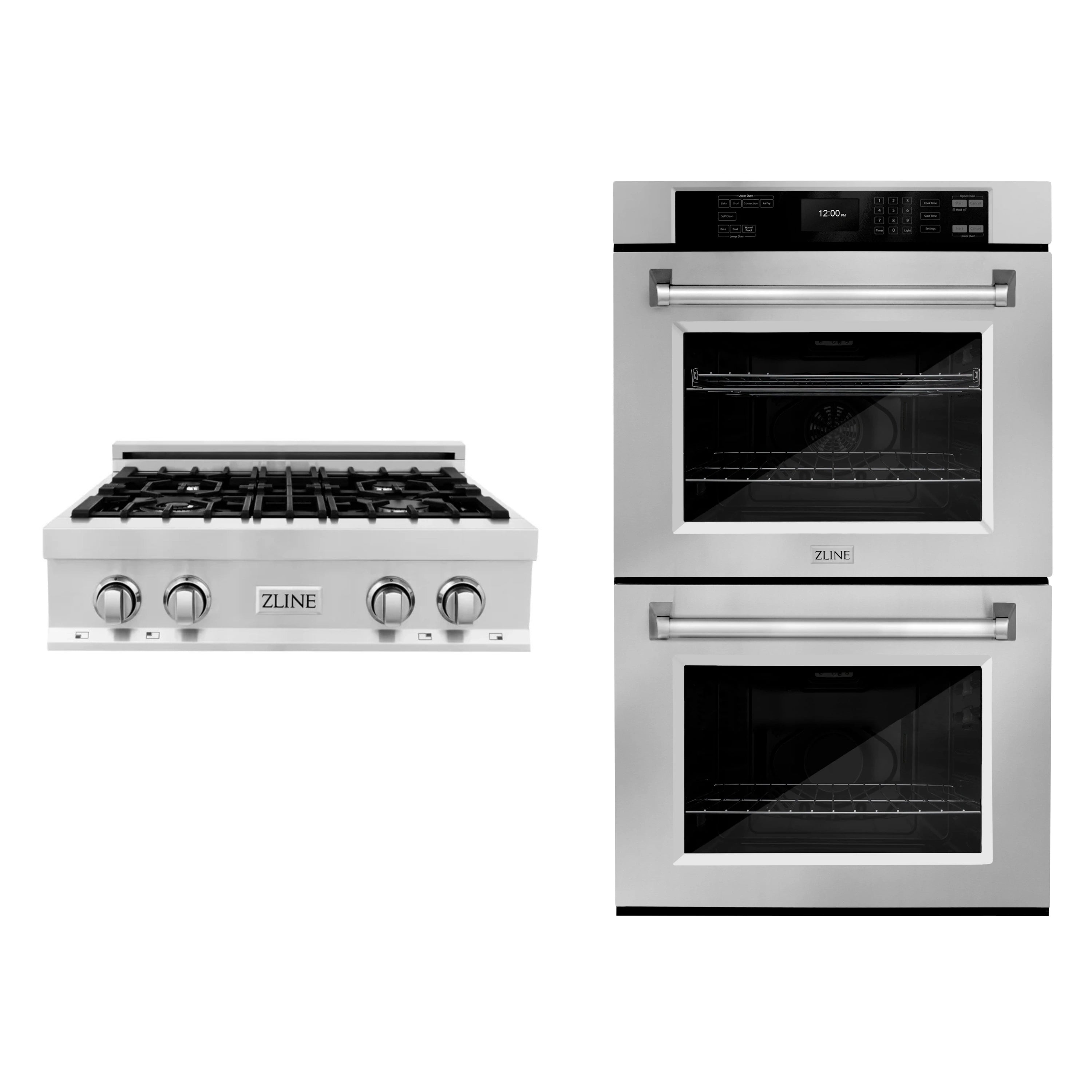 Stainless steel rangetop and double wall oven set with two door windows
