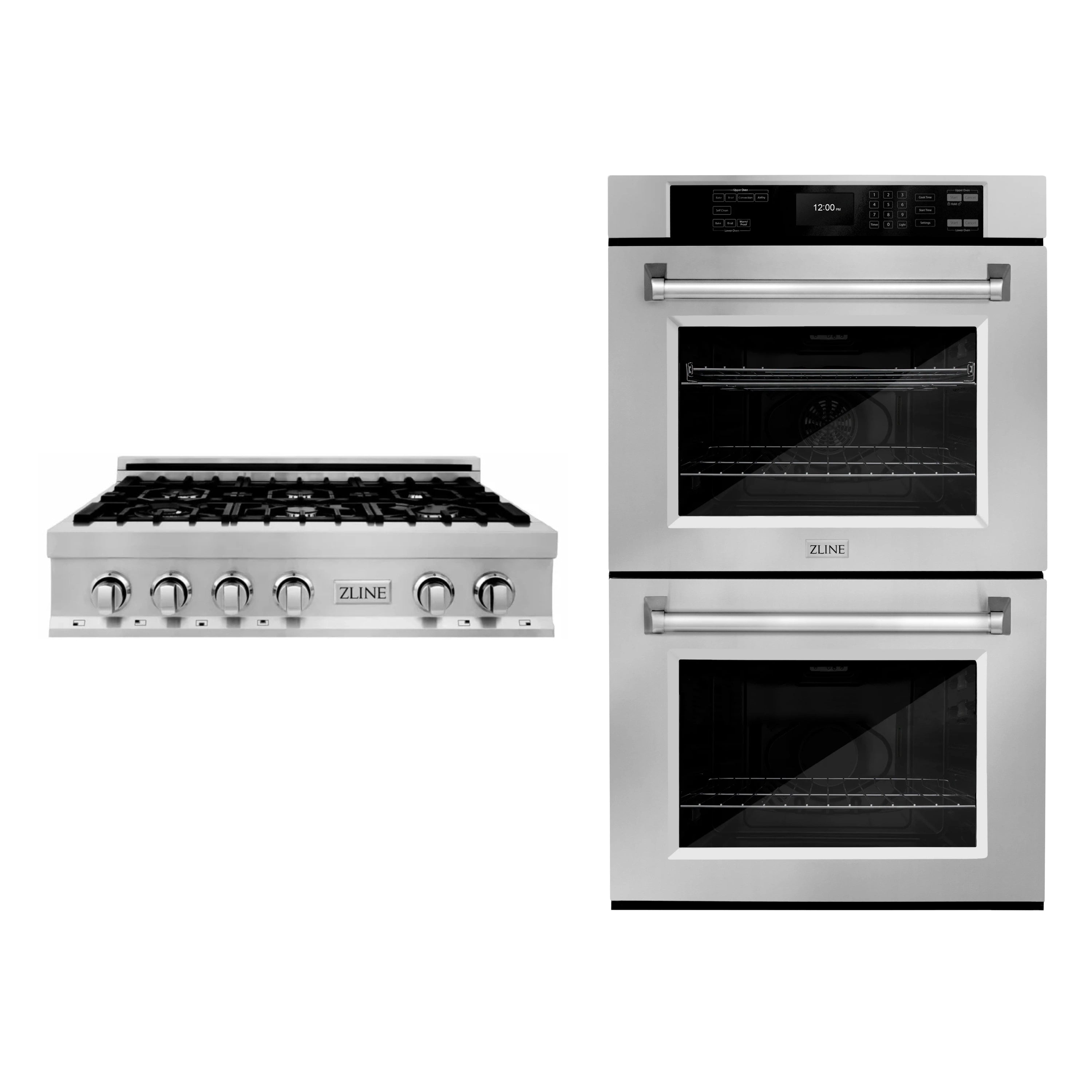 ZLINE 2-Piece Appliance Package - 36-inch Rangetop & 30-inch Double Wall Oven in Stainless Steel (2KP-RTAWD36)