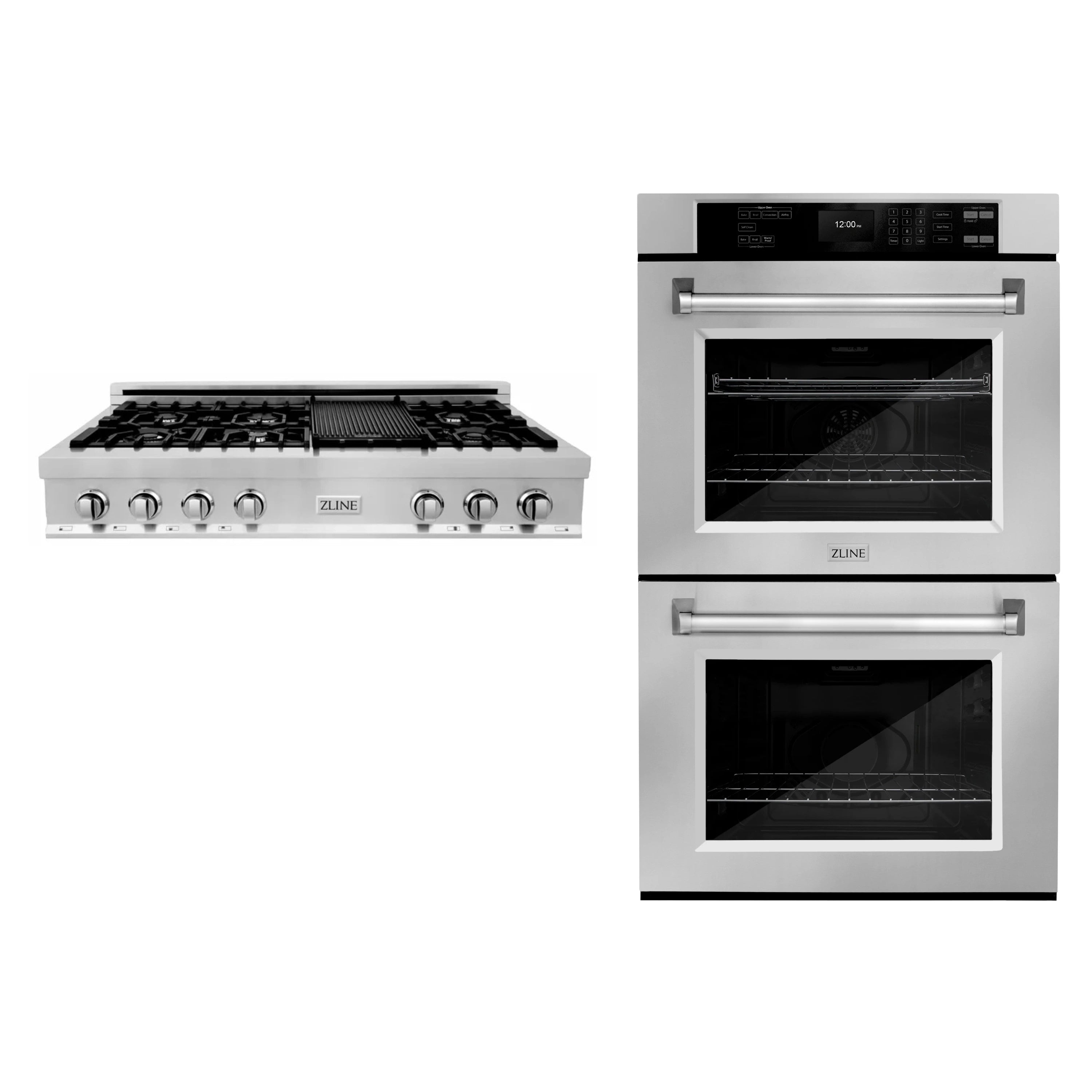 ZLINE 2-Piece Appliance Package - 48-inch Rangetop & 30-inch Double Wall Oven in Stainless Steel (2KP-RTAWD48)