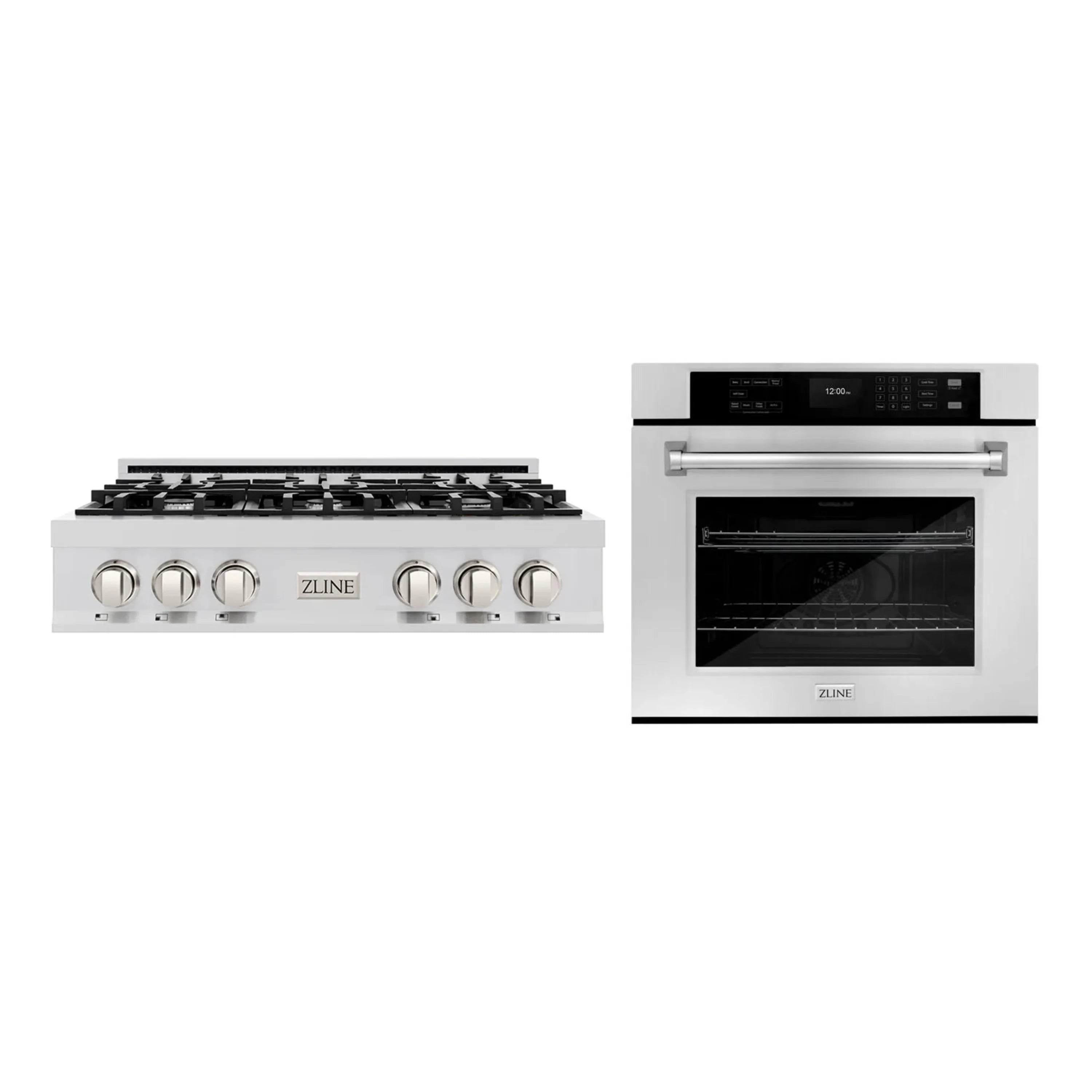 Stainless ZLINE 36-inch gas rangetop and 30-inch wall oven with control panels