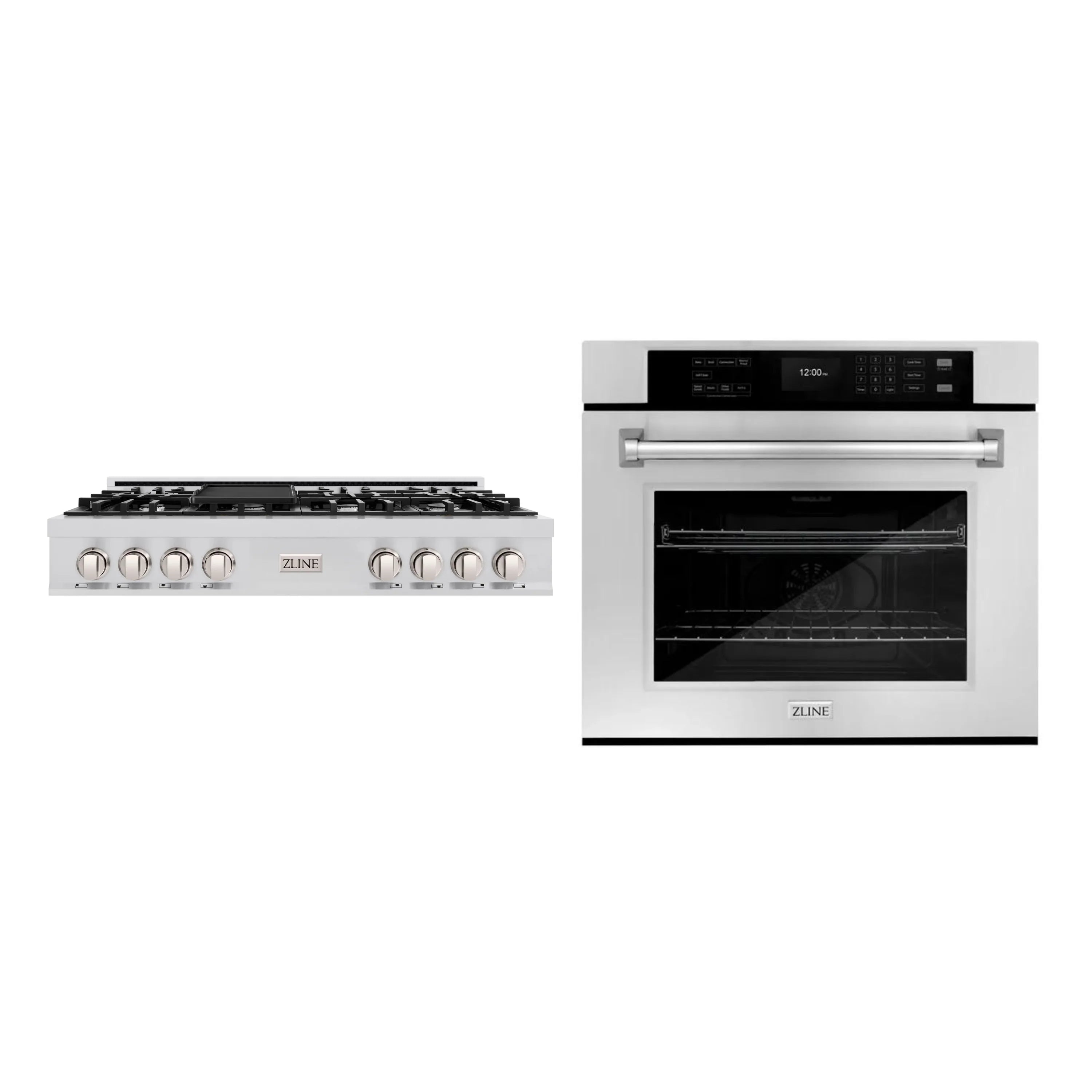 Stainless steel gas rangetop and wall oven set