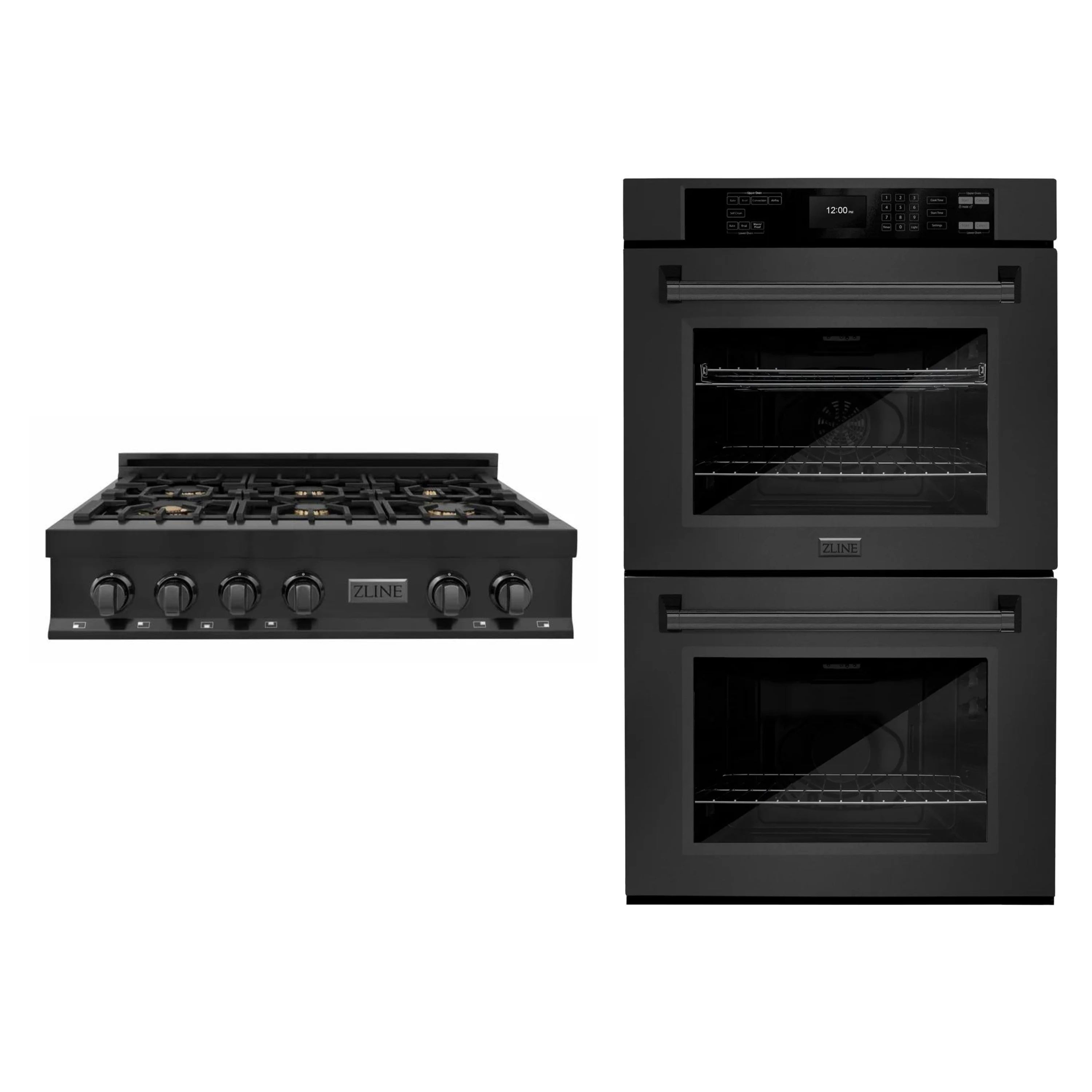 Black double wall oven and gas rangetop with brass-look burners