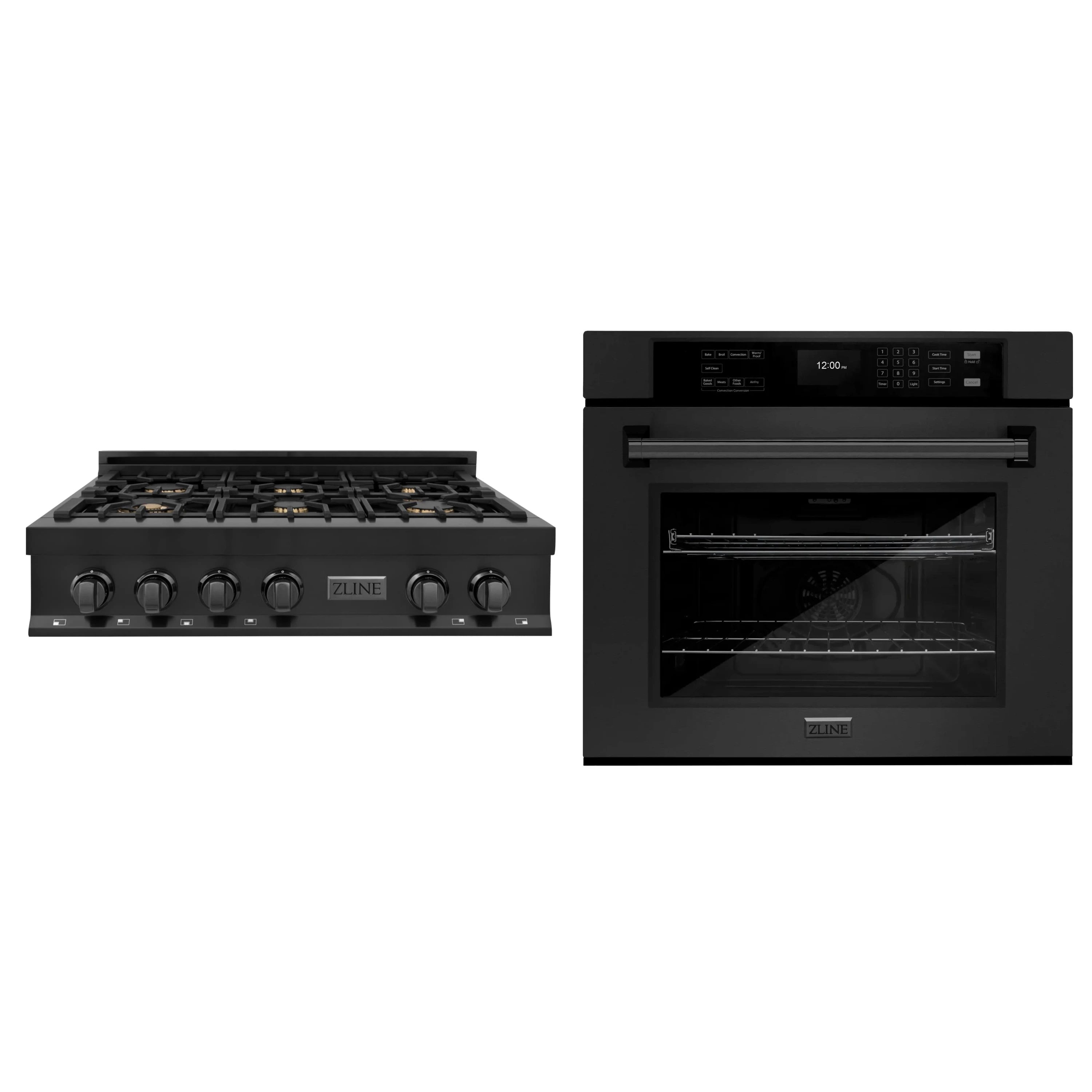 Black cooktop with brass-style burners and black wall oven, side-by-side set