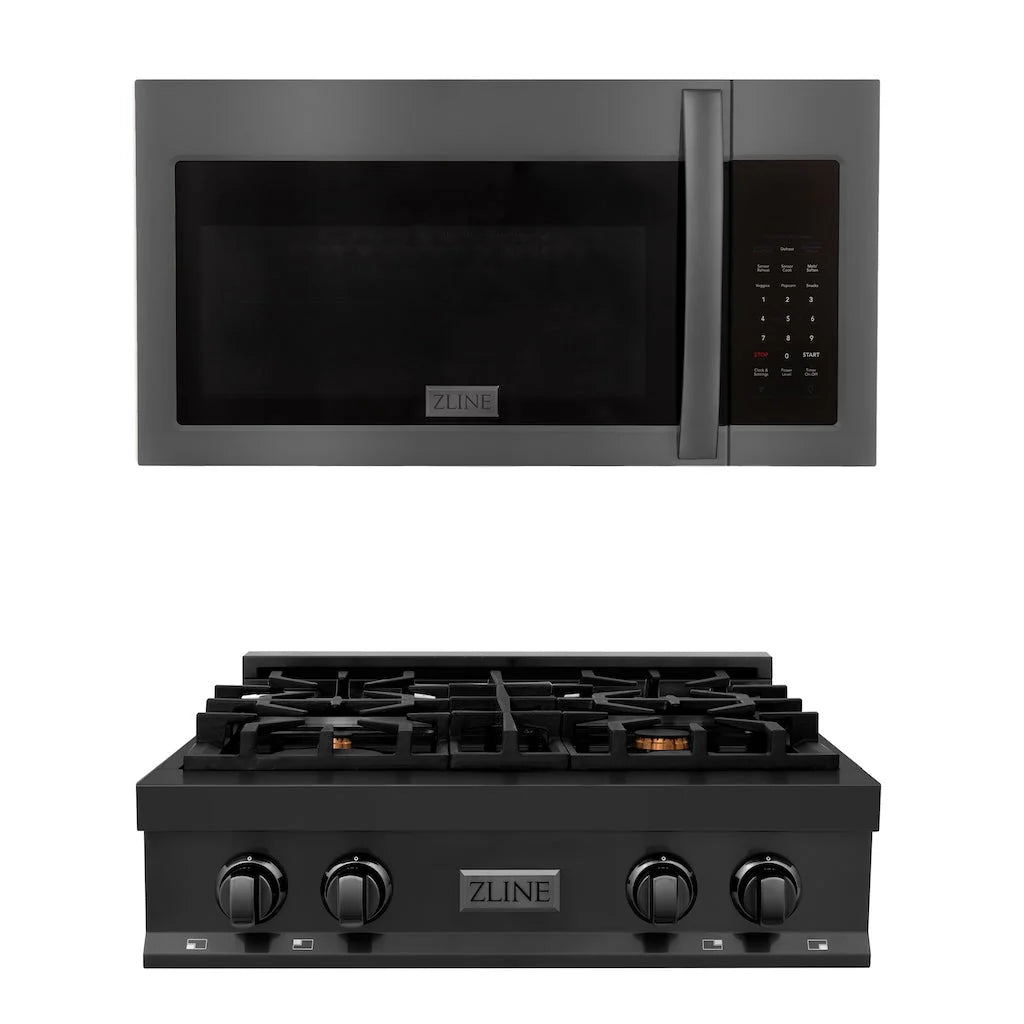 Black stainless over-the-range microwave and 30-inch gas range set with front knobs